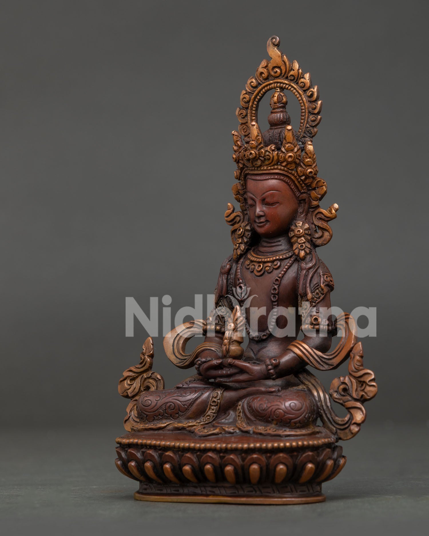 Amitayus Statue with Hand Carved Floral Motif Silk Garment.
