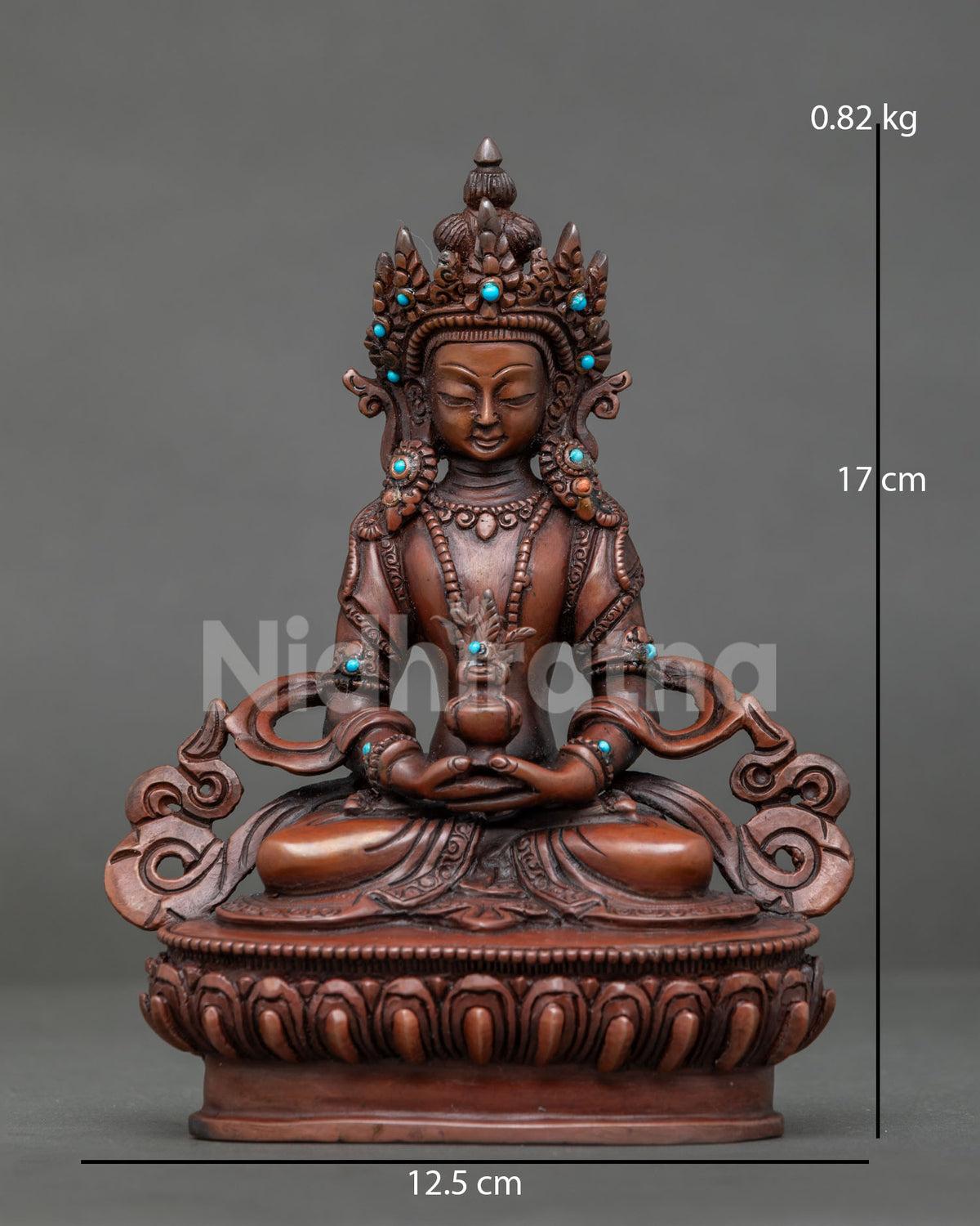 Amitayus statue handcrafted by newari artist in patan nepal with oxidized copper finish.