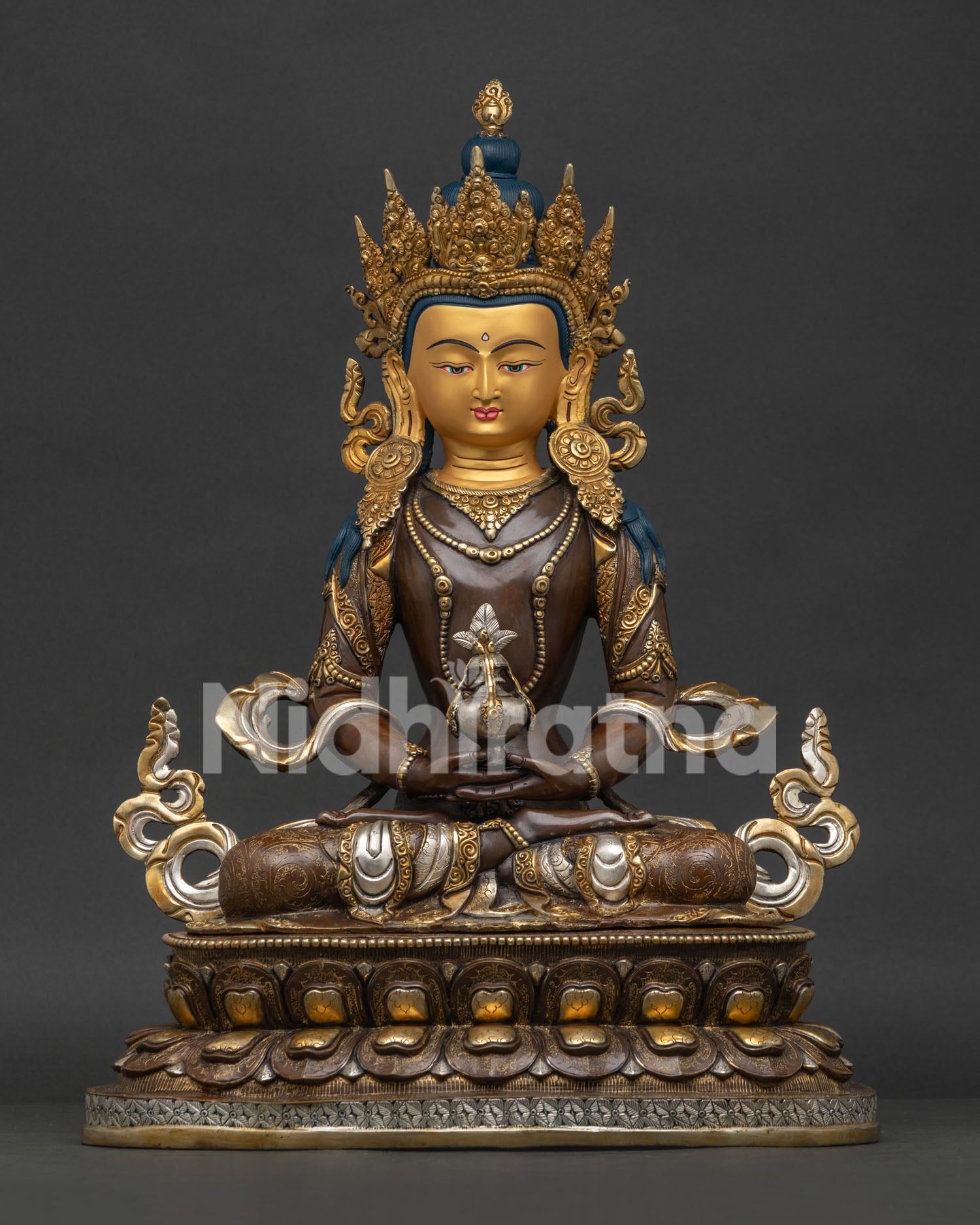 amitayus statue handcrafted in oxidized copper with 24k gold gilding front view