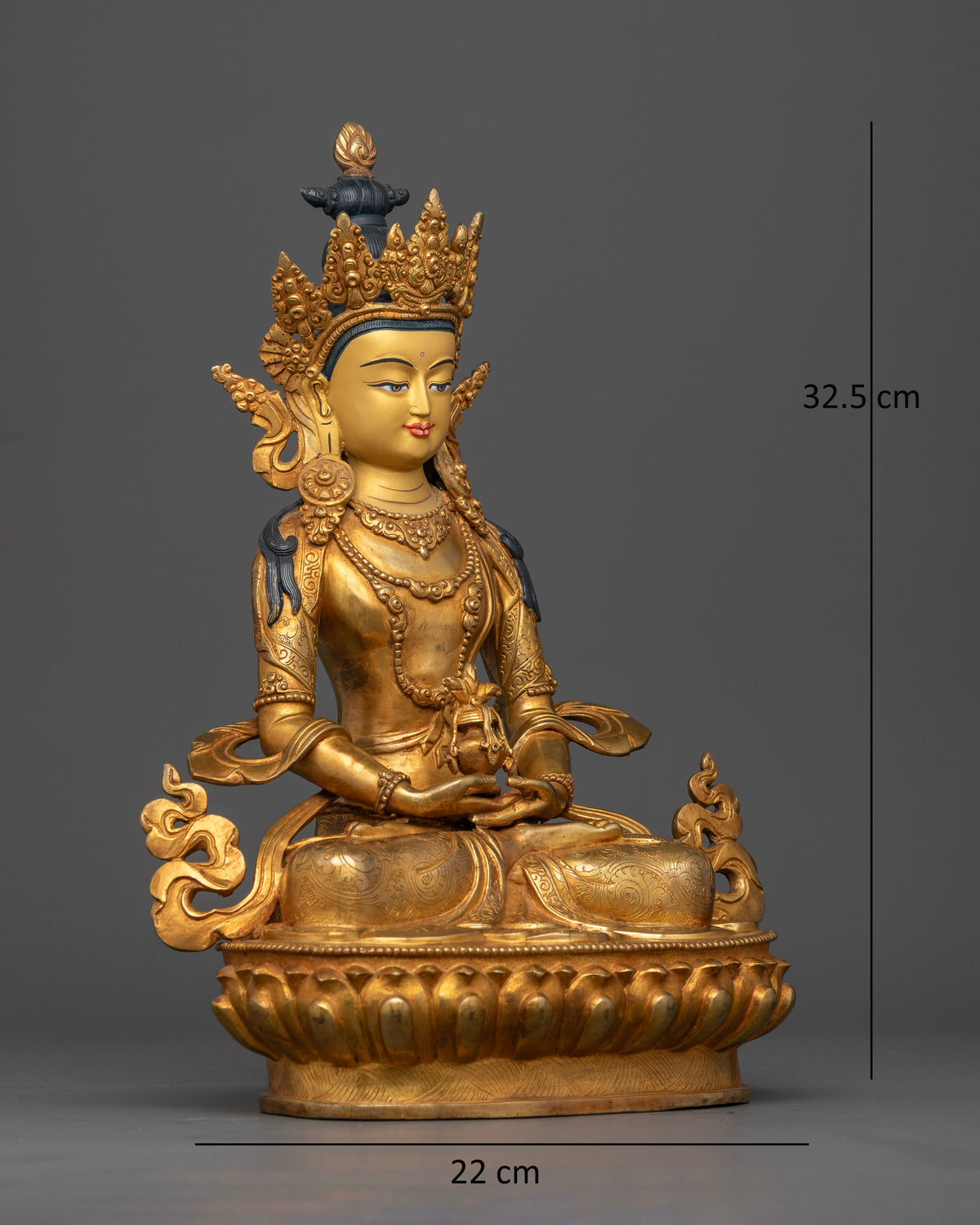 Amitayus Statue seated on a lotus pedestal in Dhyana Mudra holding the sacred longevity vase