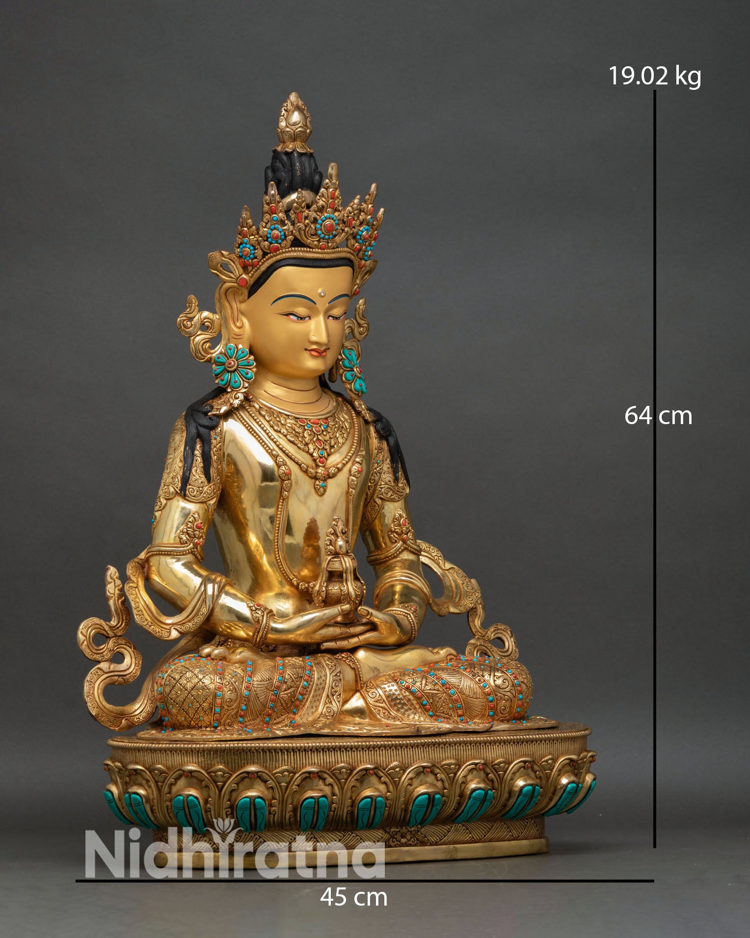 Amitayus statue right side view, copper gold gilded, lotus throne and ornament details Nepal