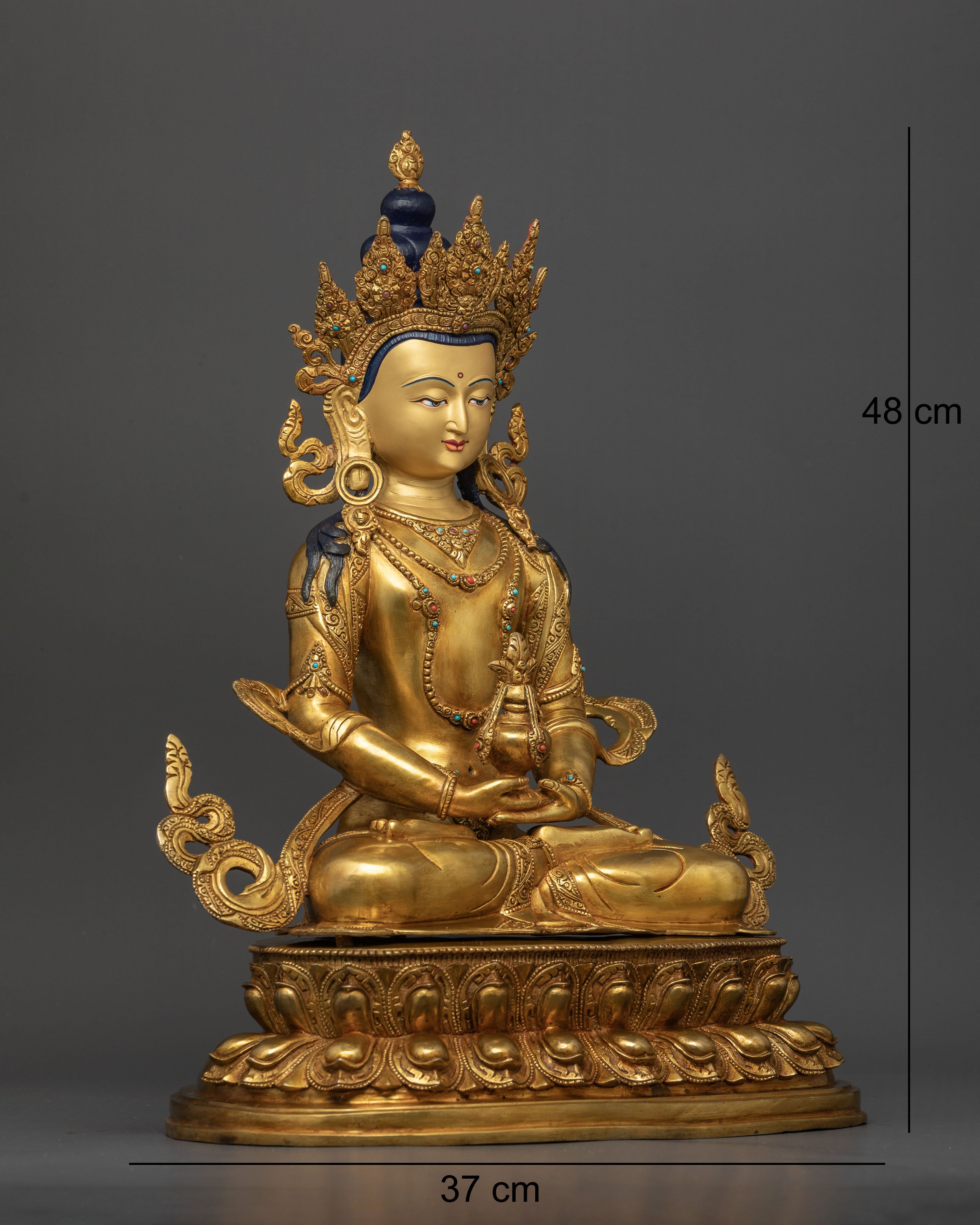 Amitayus Statue side view seated on double lotus pedestal holding a sacred longevity vase