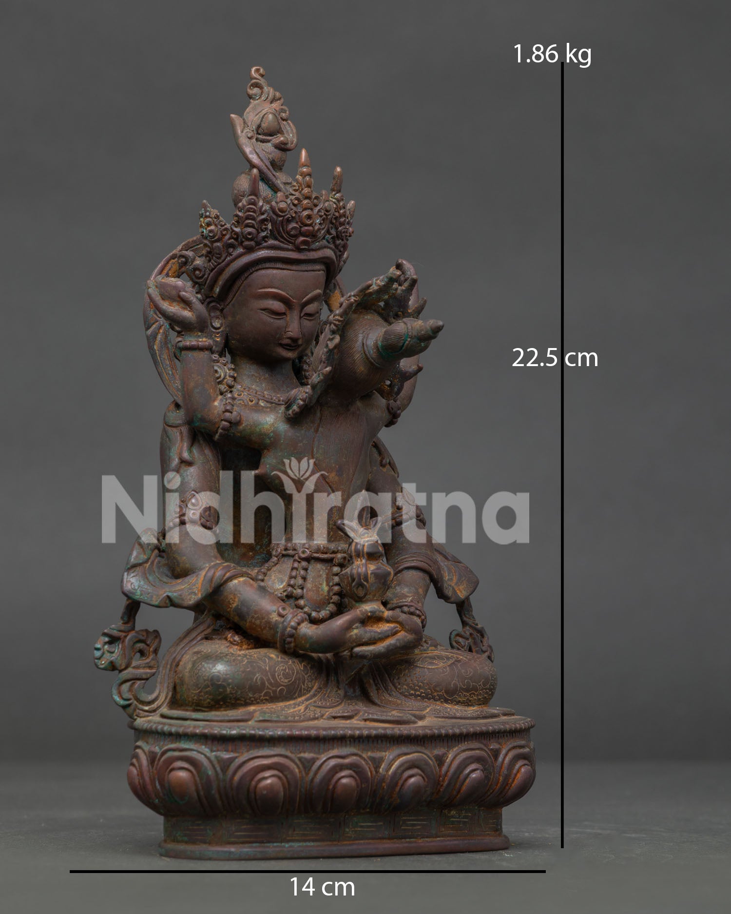 Amitayus with consort statue showing lotus pedestal and Dhyana Mudra.