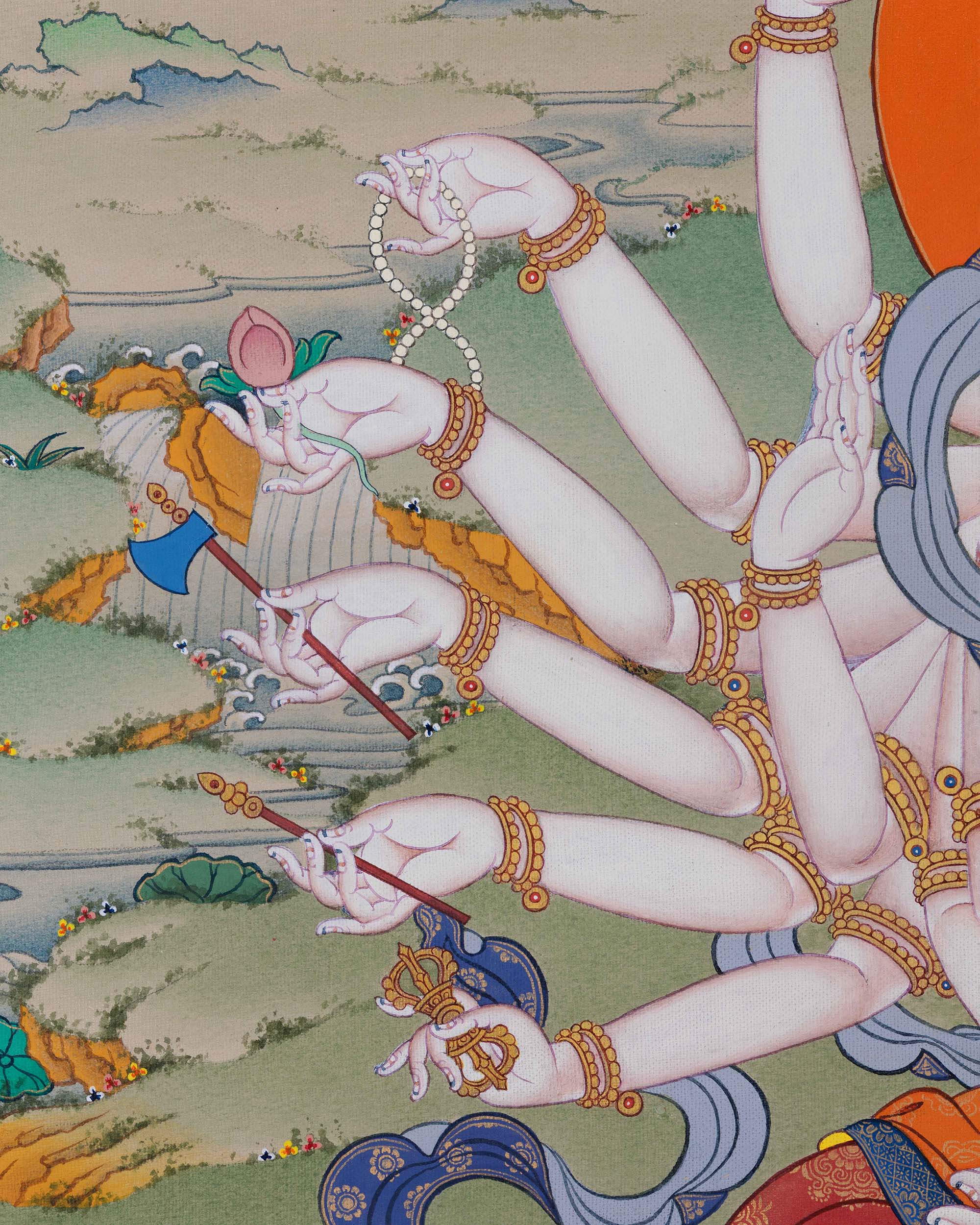 angled side view of Chundi thangka print displaying sacred objects held in each symbolic arm