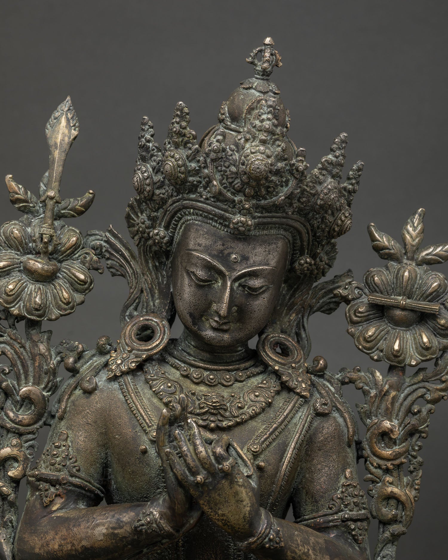 antique bronze tikshna manjushri statue detailed full sculpture close up
