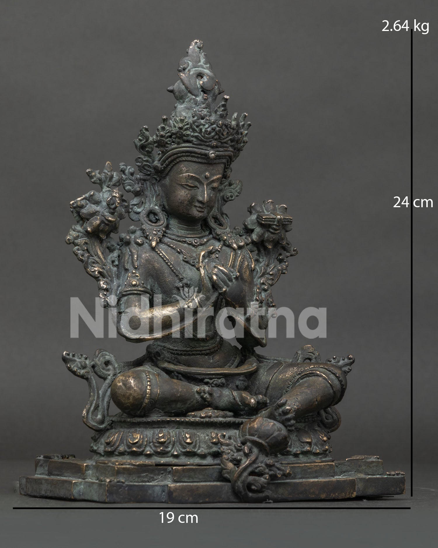 Antique-finish Manjushri bronze statue, right side view