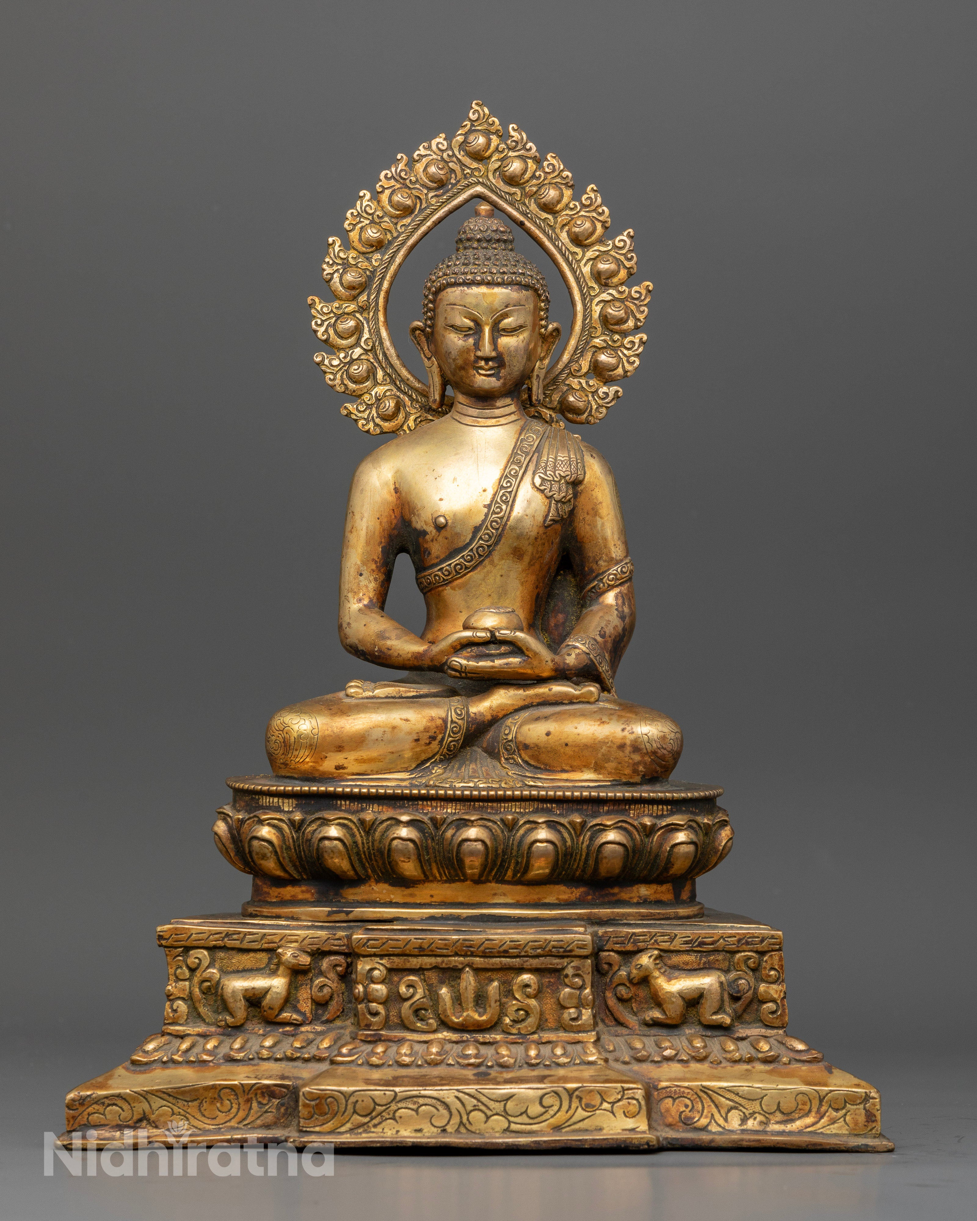 Antique Finished Amitabha Buddha statue handcrafted by Newari artisans in Patan Nepal.
