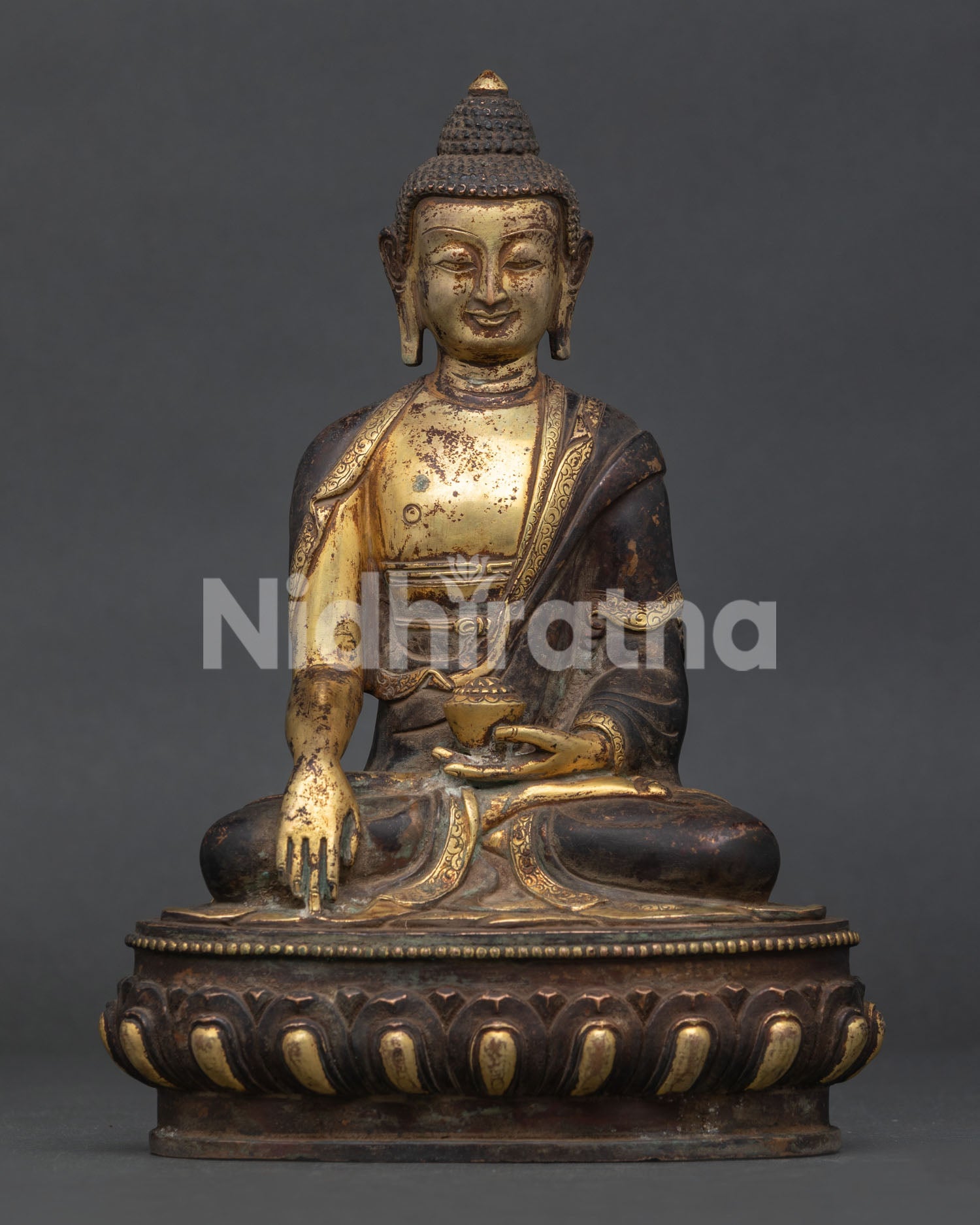 Antique finished Shakyamuni Buddha statue handcrafted by Newari artisans from Patan Nepal.