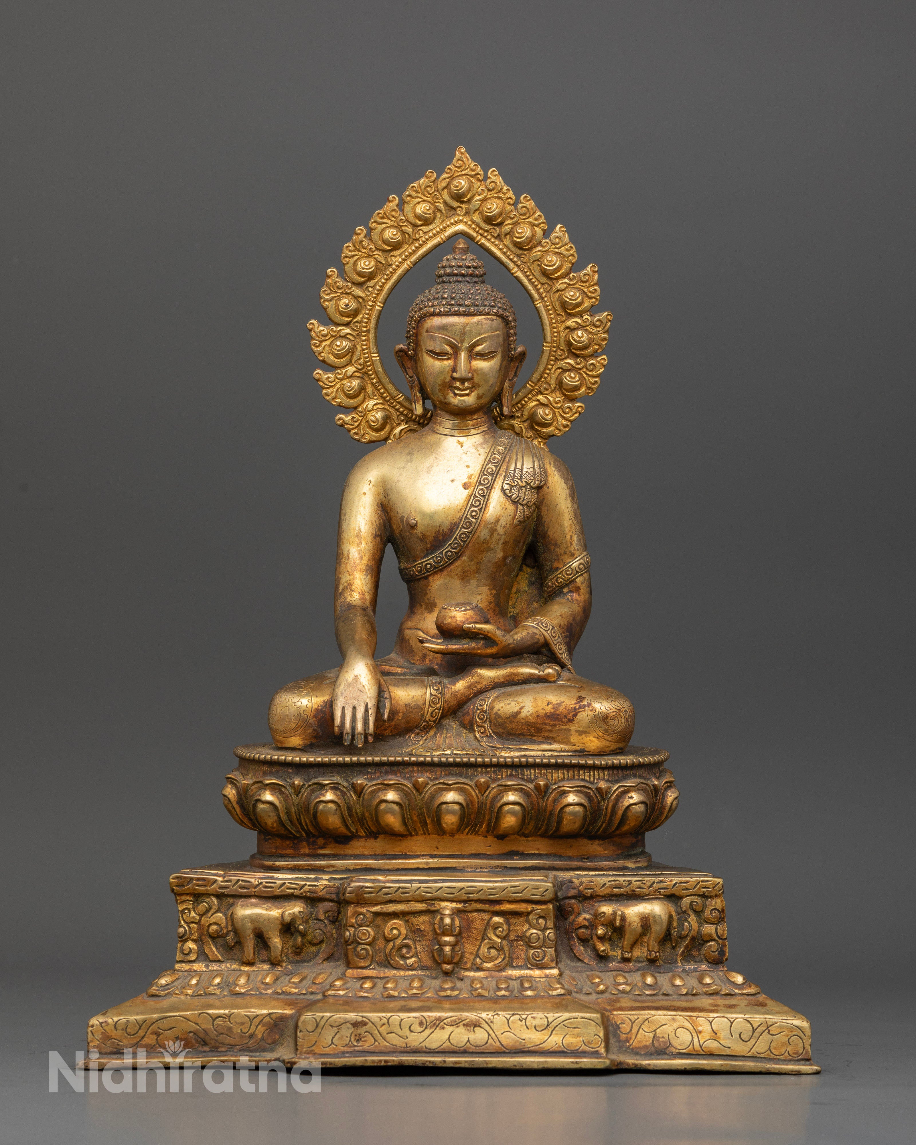 Antique Finished Shakyamuni Buddha statue handcrafted by Newari artists in Patan Nepal.