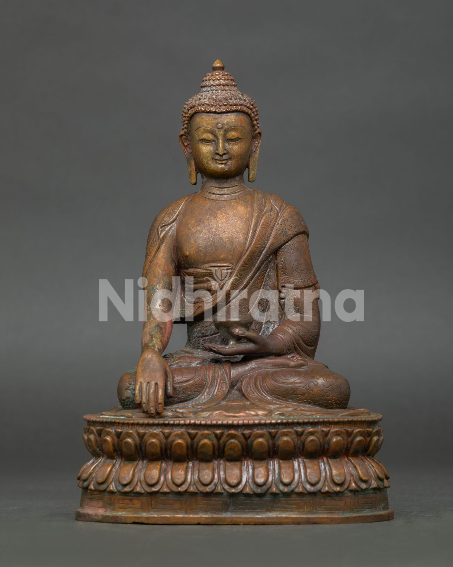 Antique Finished Shakyamuni Buddha Statue handcrafted from oxidized copper with gold-painted face