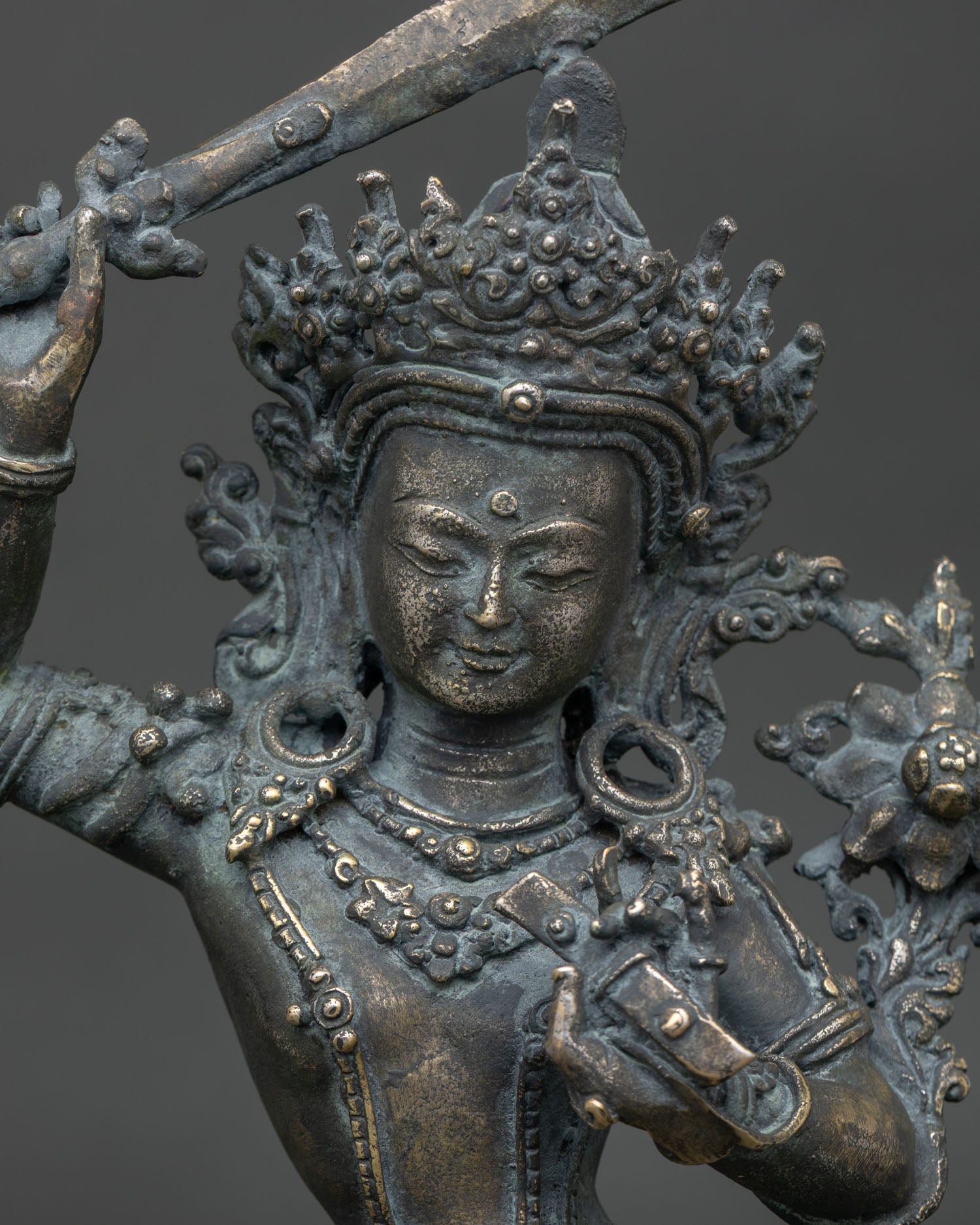 antique finish Simhanada Manjushri bronze statue Nepal close up