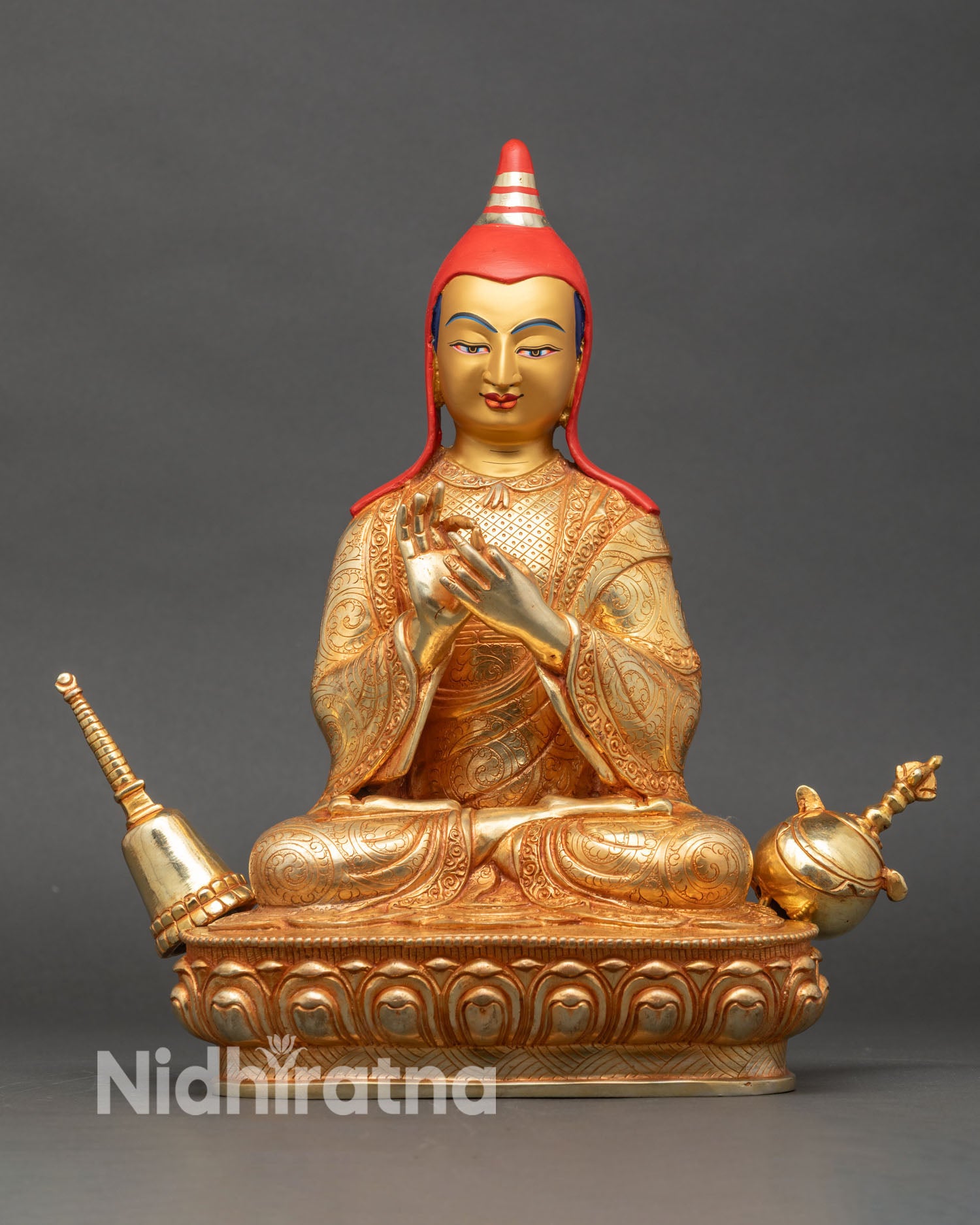 Atisha Dipankara statue front view, gold gilded copper Buddhist master Nepal
