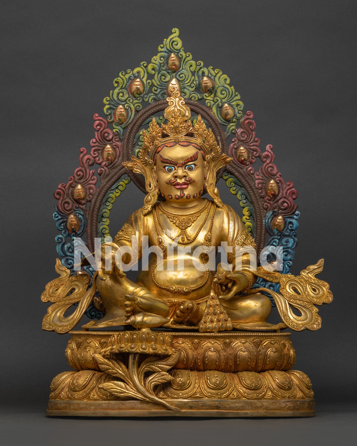 Authentic Dzambhala Statue Front View with 24K Gold Fire Gilding and Lotus Throne