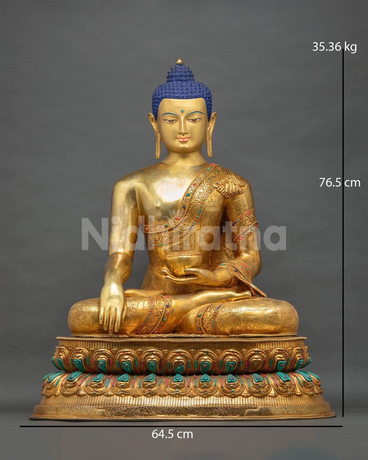 Authentic Shakyamuni Buddha statue front view, 24K gold fire gilded, hand-cast in Nepal