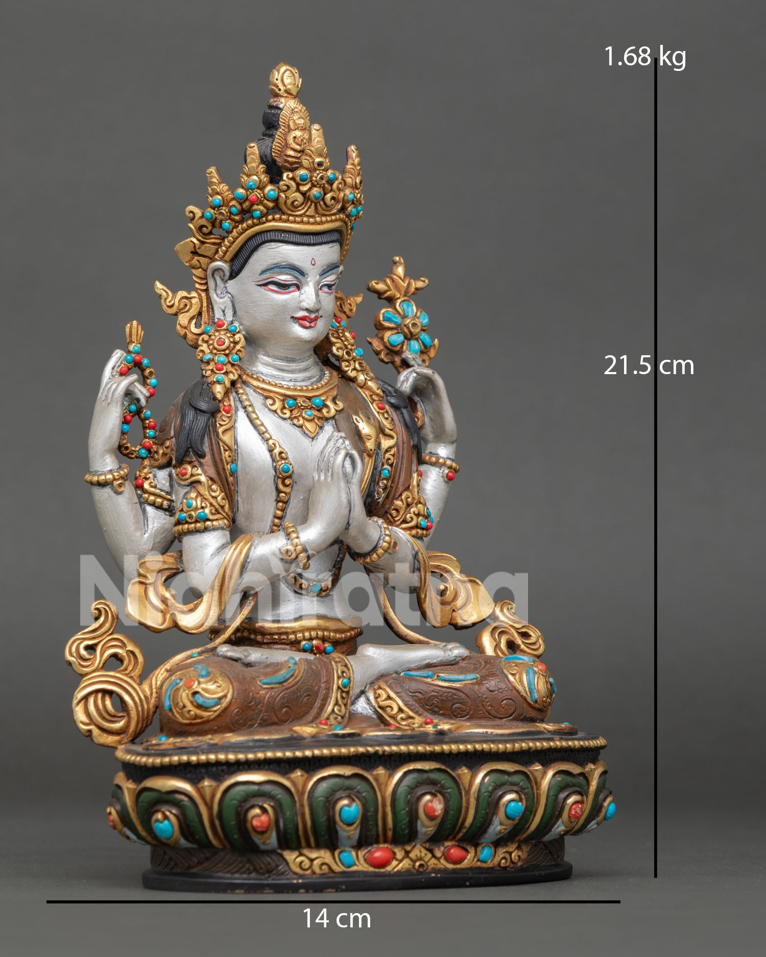 Avalokiteshvara Chenrezig sculpture with crystal rosary, lotus flower, and wish fulfilling jewel