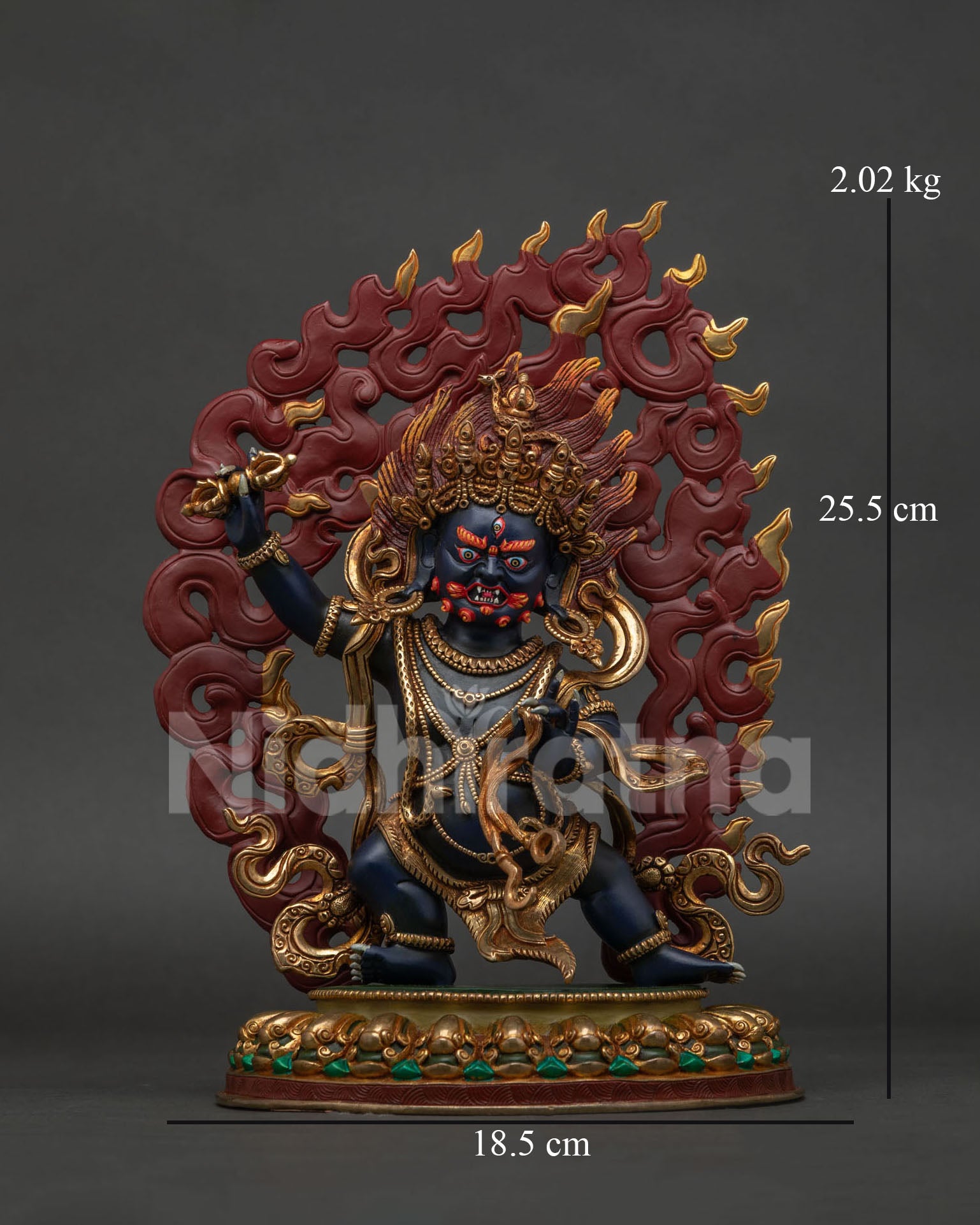 Front view of hand-painted copper Vajrapani statue on lotus pedestal with blazing halo.