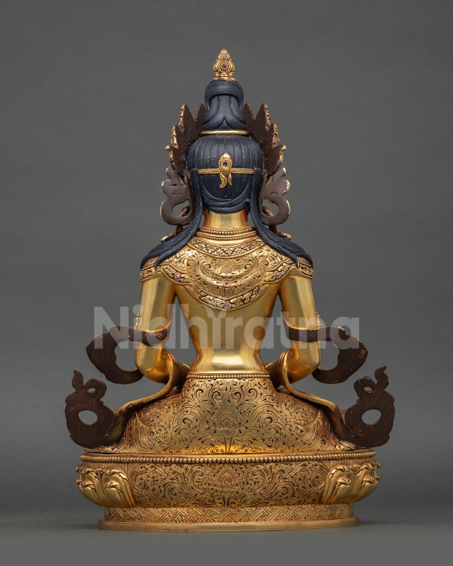 Back View: Back Detail Amitayus Statue Nepal Handcrafted Lost Wax Copper Gold Finish Engraved Lotus Pedestal