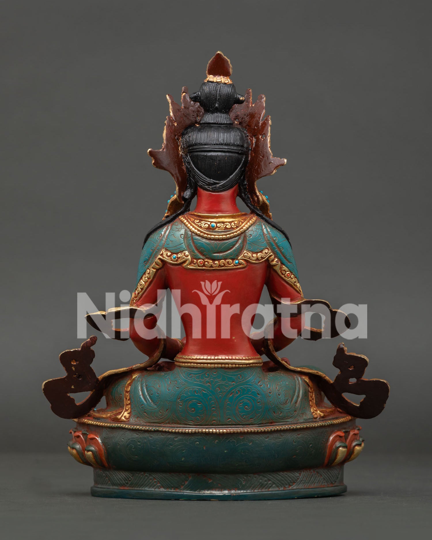 Back Detail of Himalayan Amitayus Buddhist Sculpture Showcasing Ornate Robes and Newari Craftsmanship