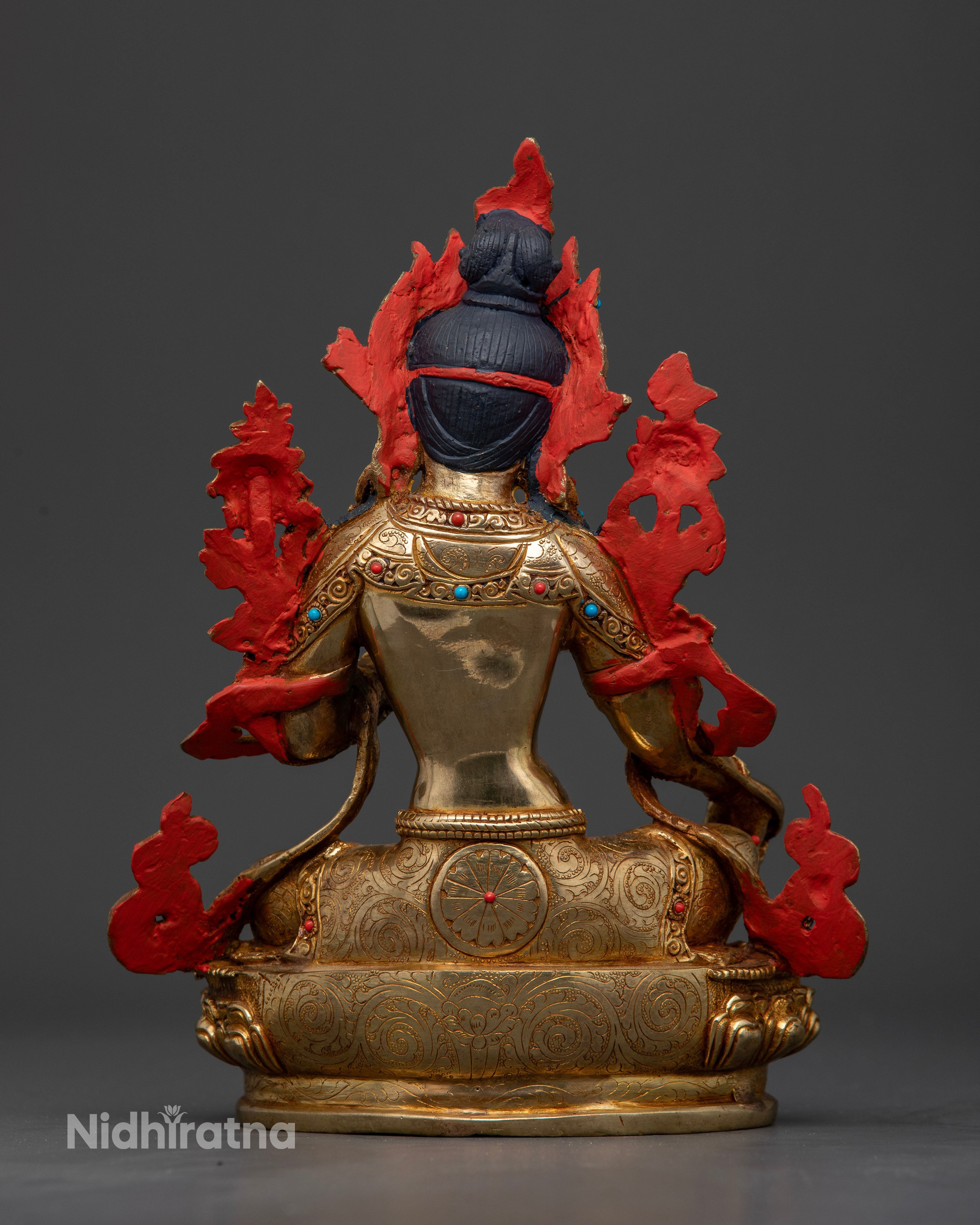 back view Green Tara statue handcrafted Nepal intricate hand detailing celestial robes Buddhist Goddess sculpture