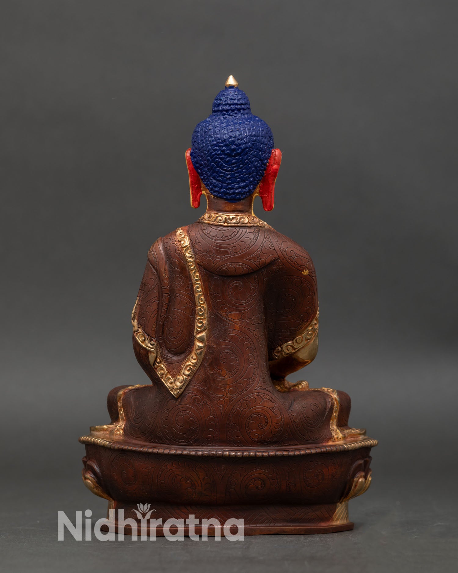 Back view Amitabha Buddha statue gold copper Himalayan Buddhist art meditation space