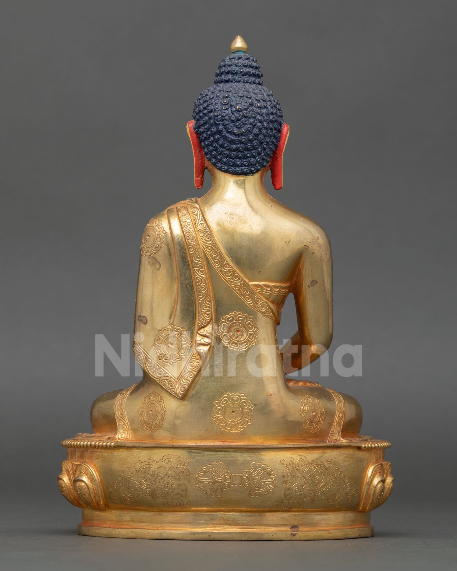 Back view of Amitabha Buddha statue handcrafted Nepal oxidized copper finish Himalayan Buddhist meditation deity lotus pedestal sacred altar decor
