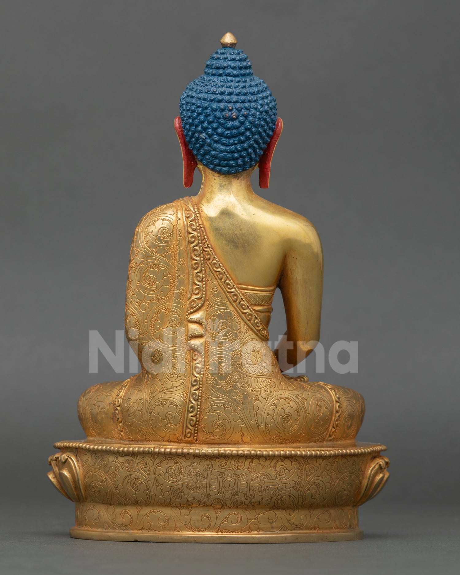 Back view of Amitabha Buddha statue handcrafted Nepal oxidized copper finish sacred Buddhist meditation deity spiritual decor