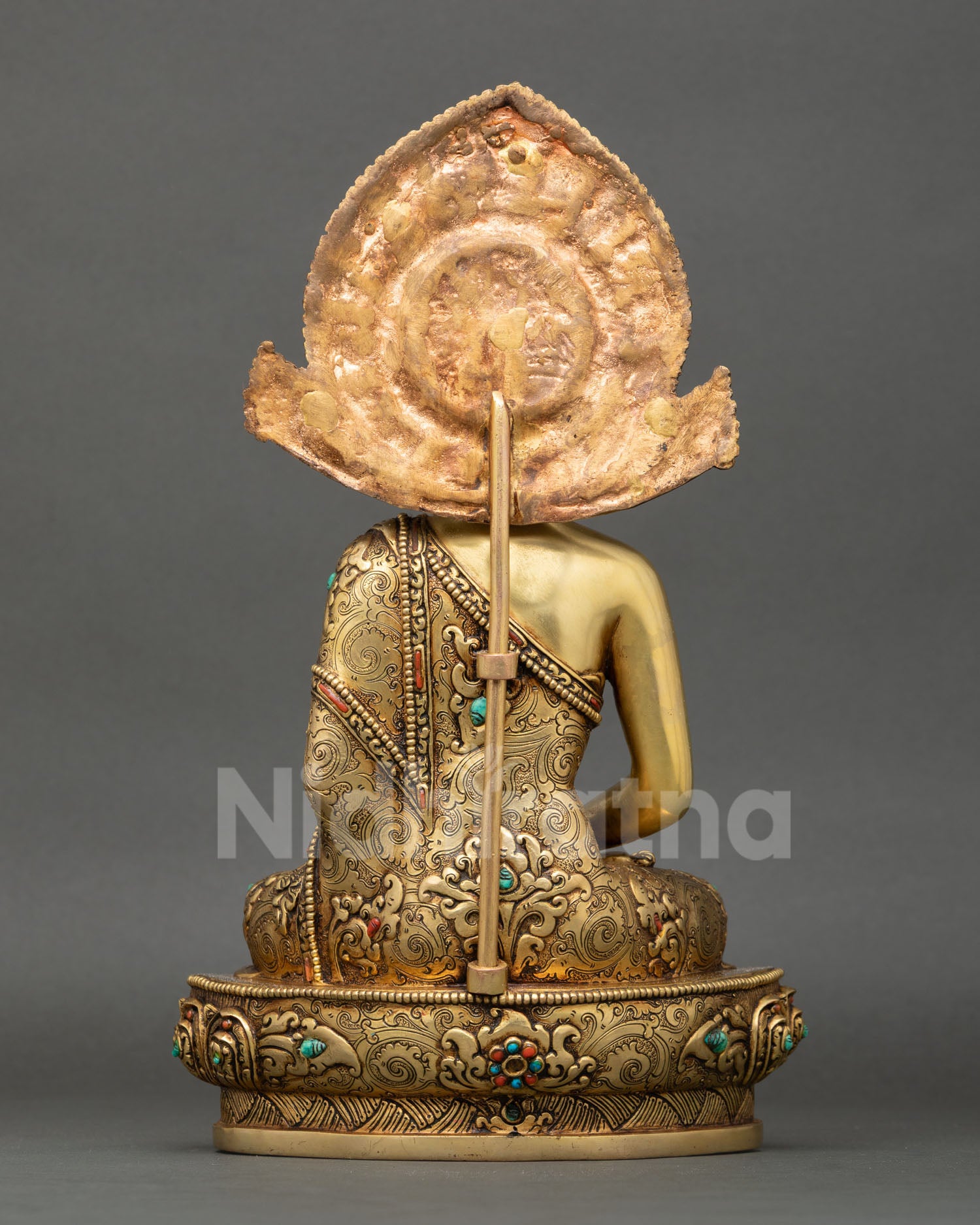 Back view of Amitabha Buddha statue, handcrafted in Patan, Nepal, sacred Buddhist meditation deity home altar decor spiritual serenity sculpture