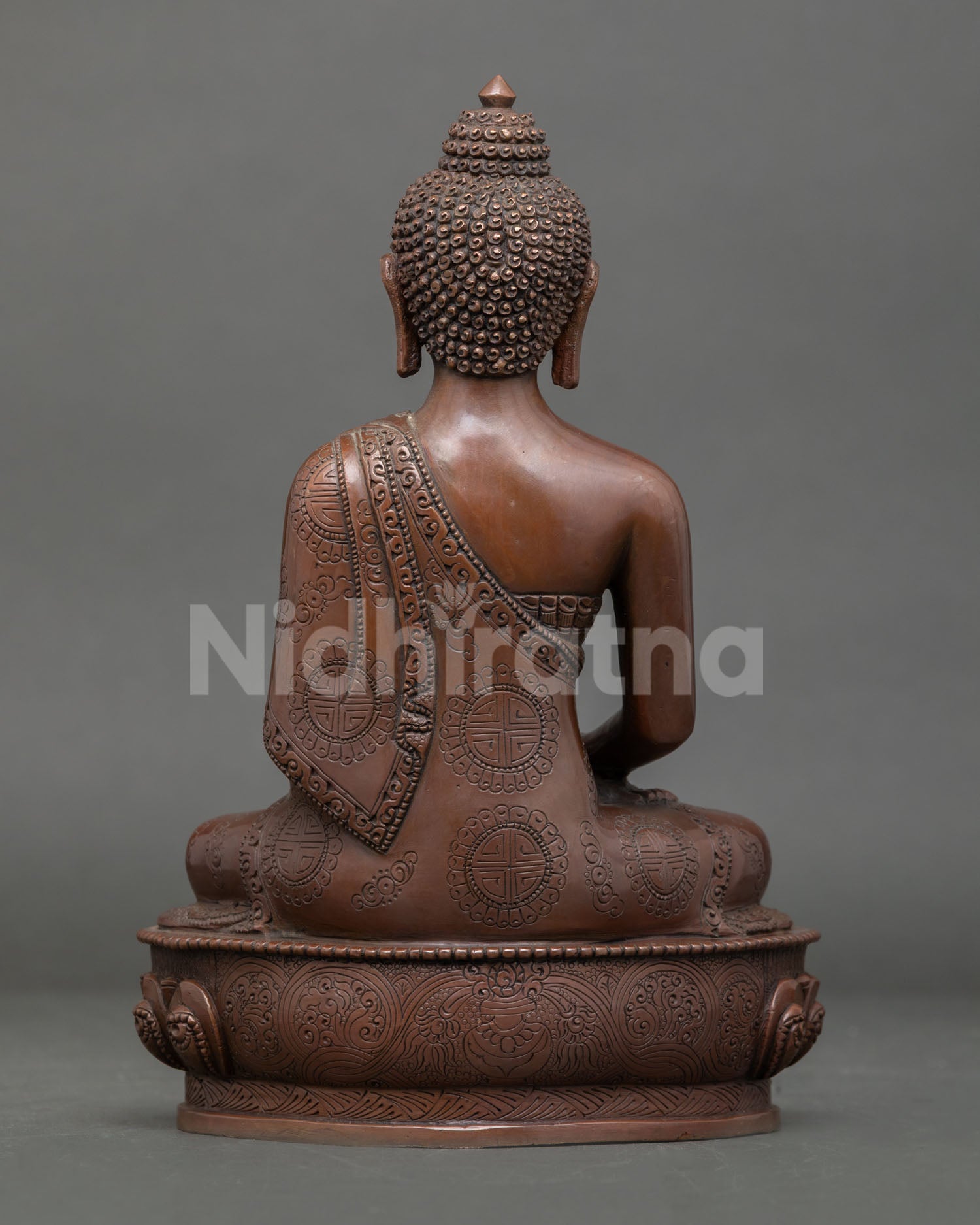 Back view Amitabha Buddha statue Nepal copper oxidized finish detailed carving