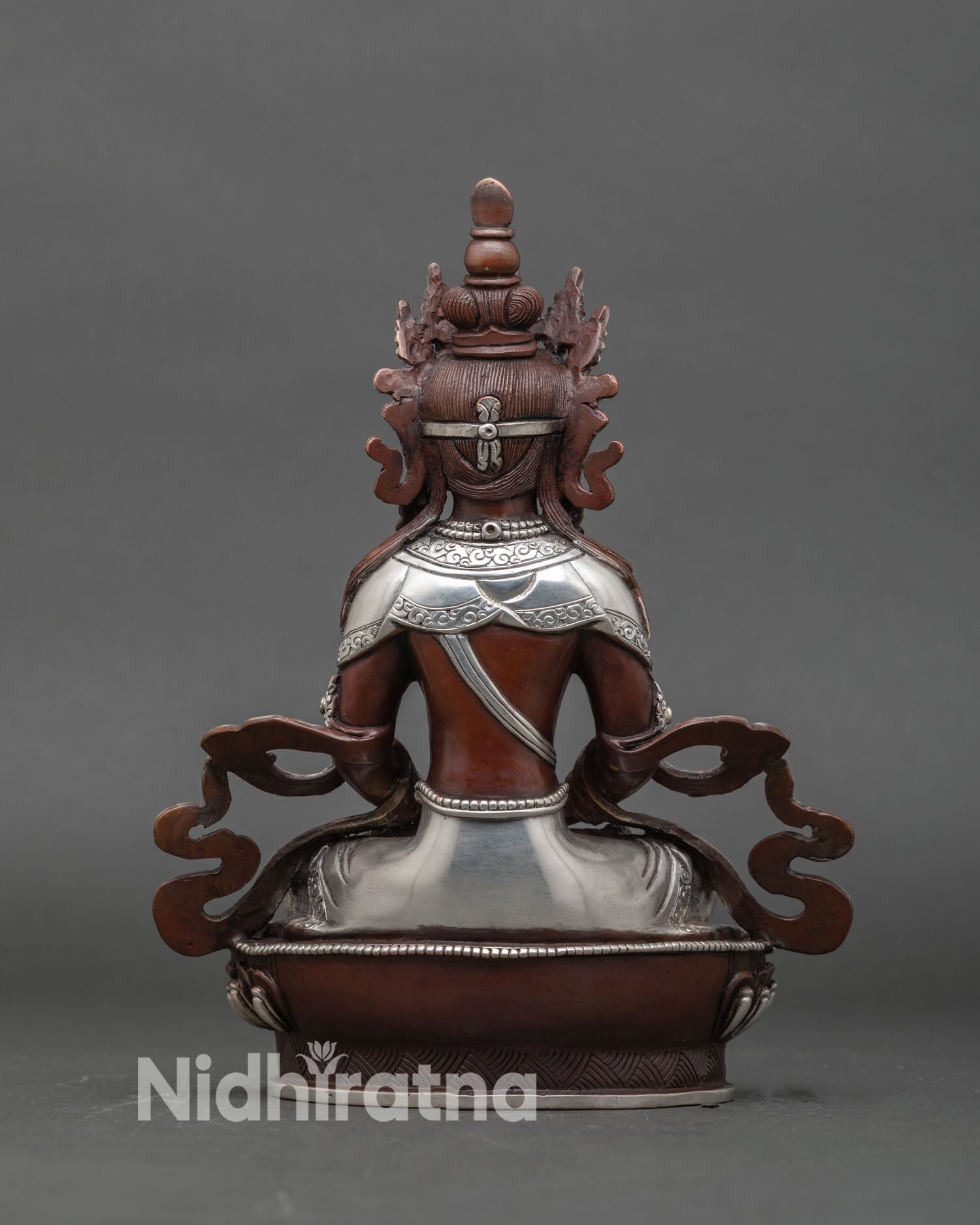 Back View Amitayus Buddha Statue Five Pointed Crown Floral Motifs Silver Plated