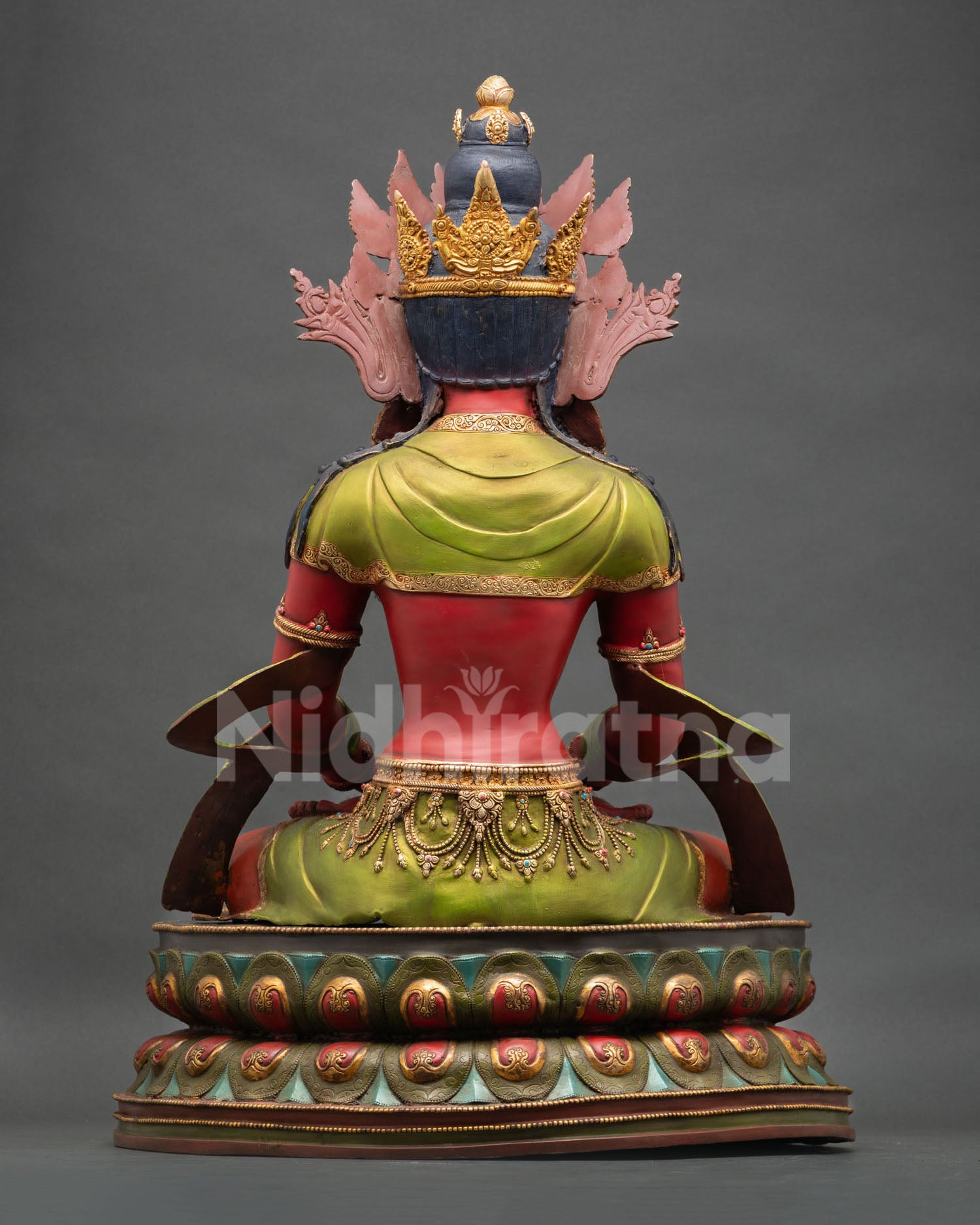 Back view of Amitayus statue copper Himalayan artwork with silk garments ornate jewelry and traditional Newari craftsmanship finish