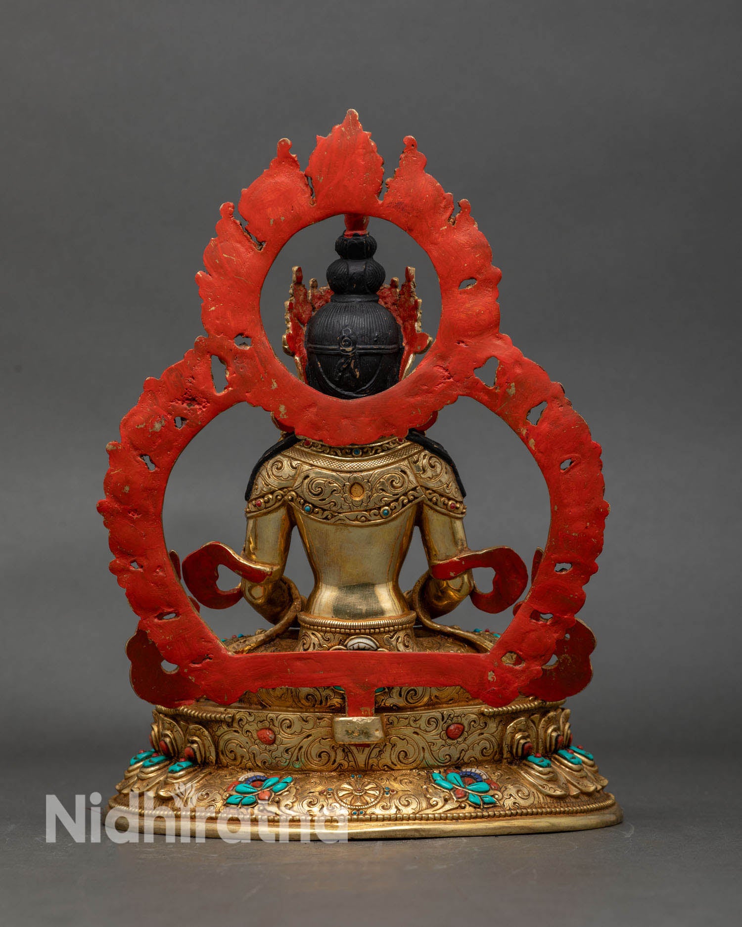 Back view Amitayus statue decorative halo Nepalese handcrafted Buddhist art