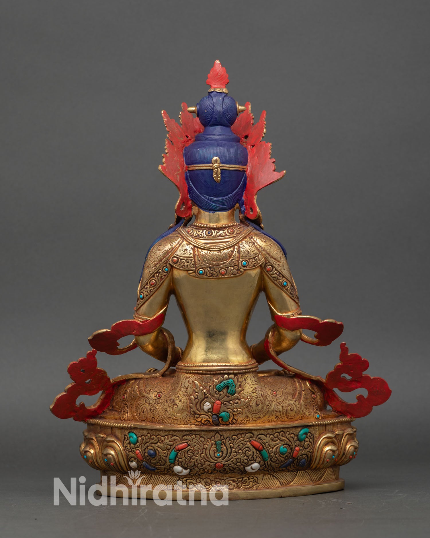 Back View Amitayus Statue, Detailed Engraving and Lotus Pedestal, Buddhist Sculpture