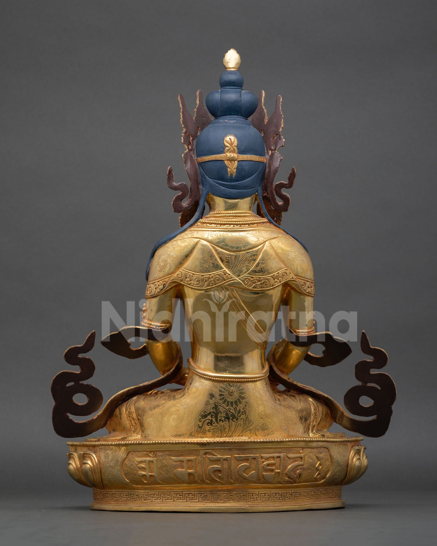 back view amitayus statue engraved lotus pedestal copper body gold fire gilded detailing