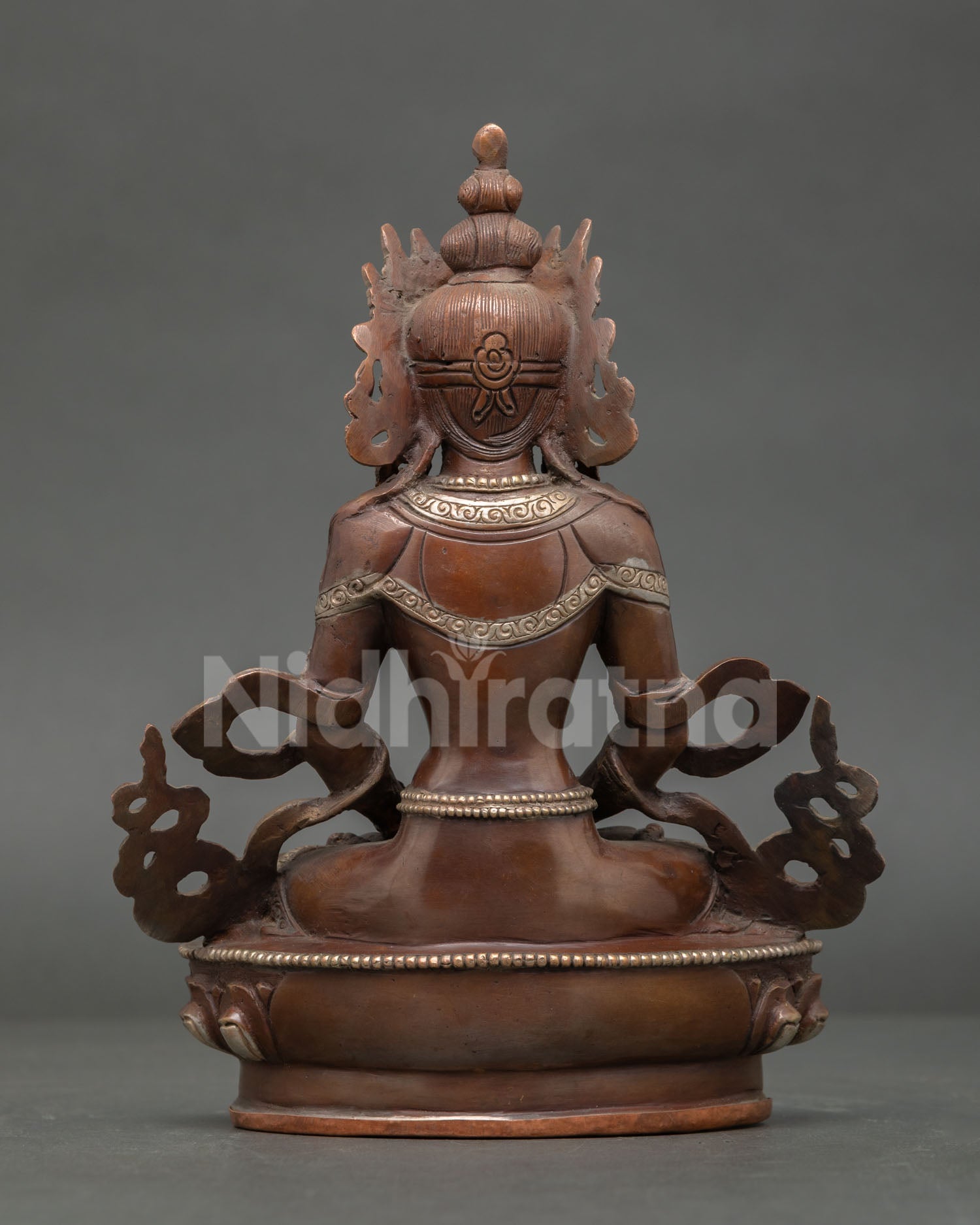 Back view Amitayus Statue handcrafted copper sculpture antique finish silver plated accents