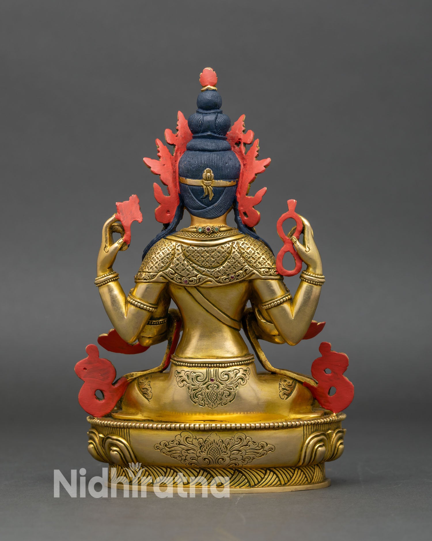 back view chenrezig statue with lotus seat and engraved sacred details