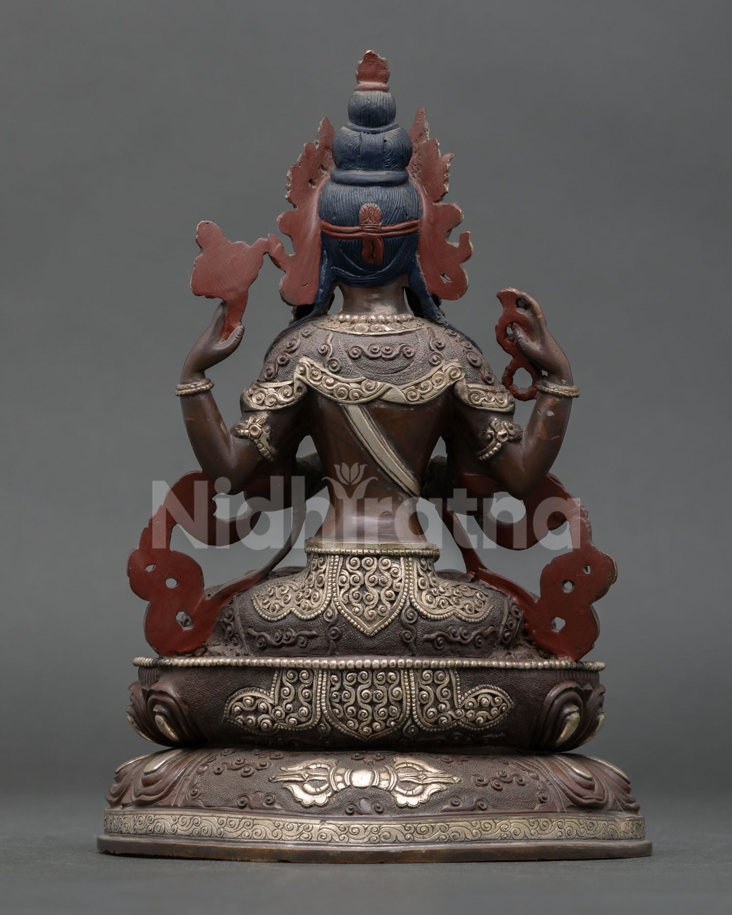 back view chenrezig statue oxidized copper lotus pedestal newari handcrafted buddhist art nepal