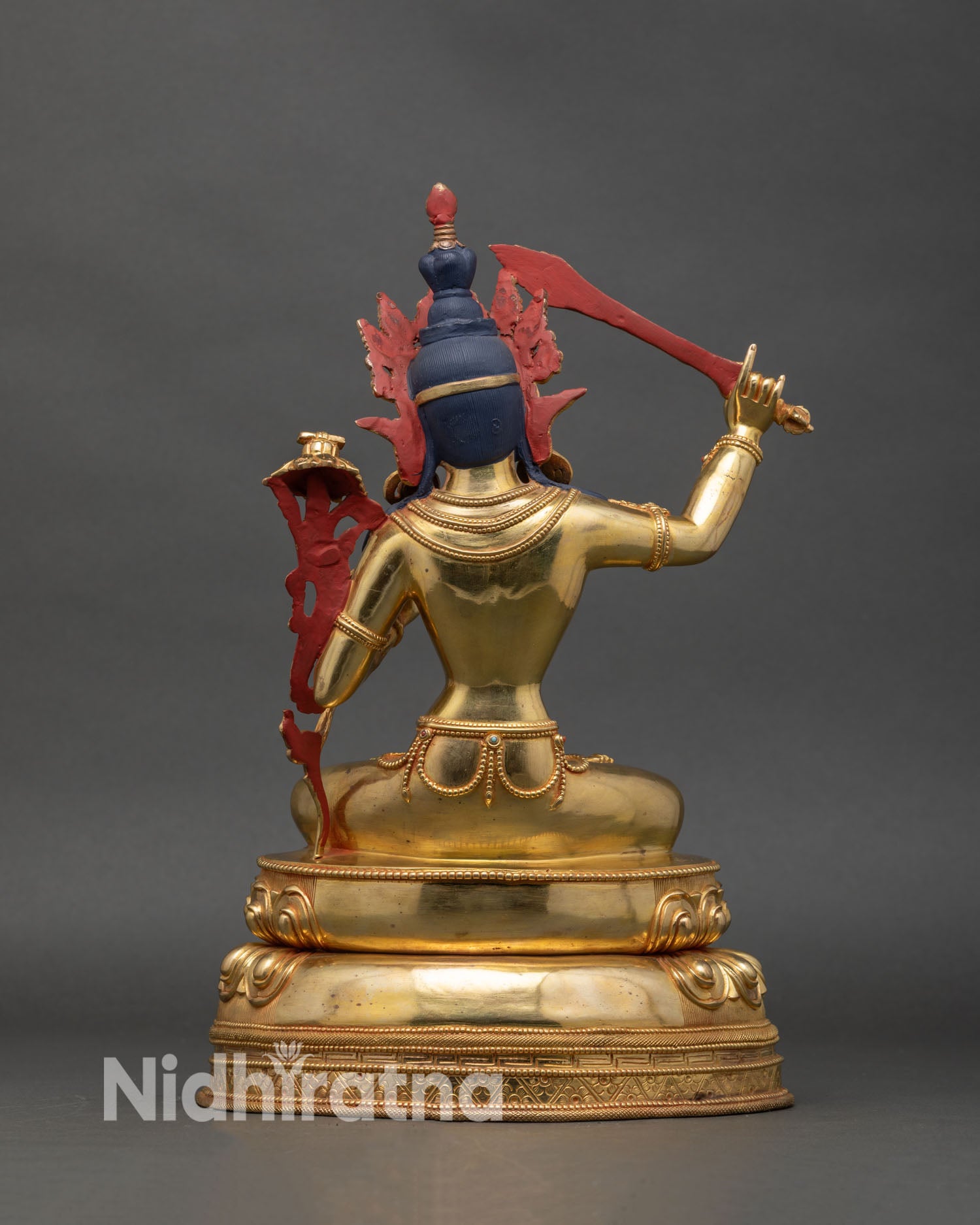 Back View Detailed Carvings Shimmering Gold Painted Finish Authentic Nepalese Sacred Art