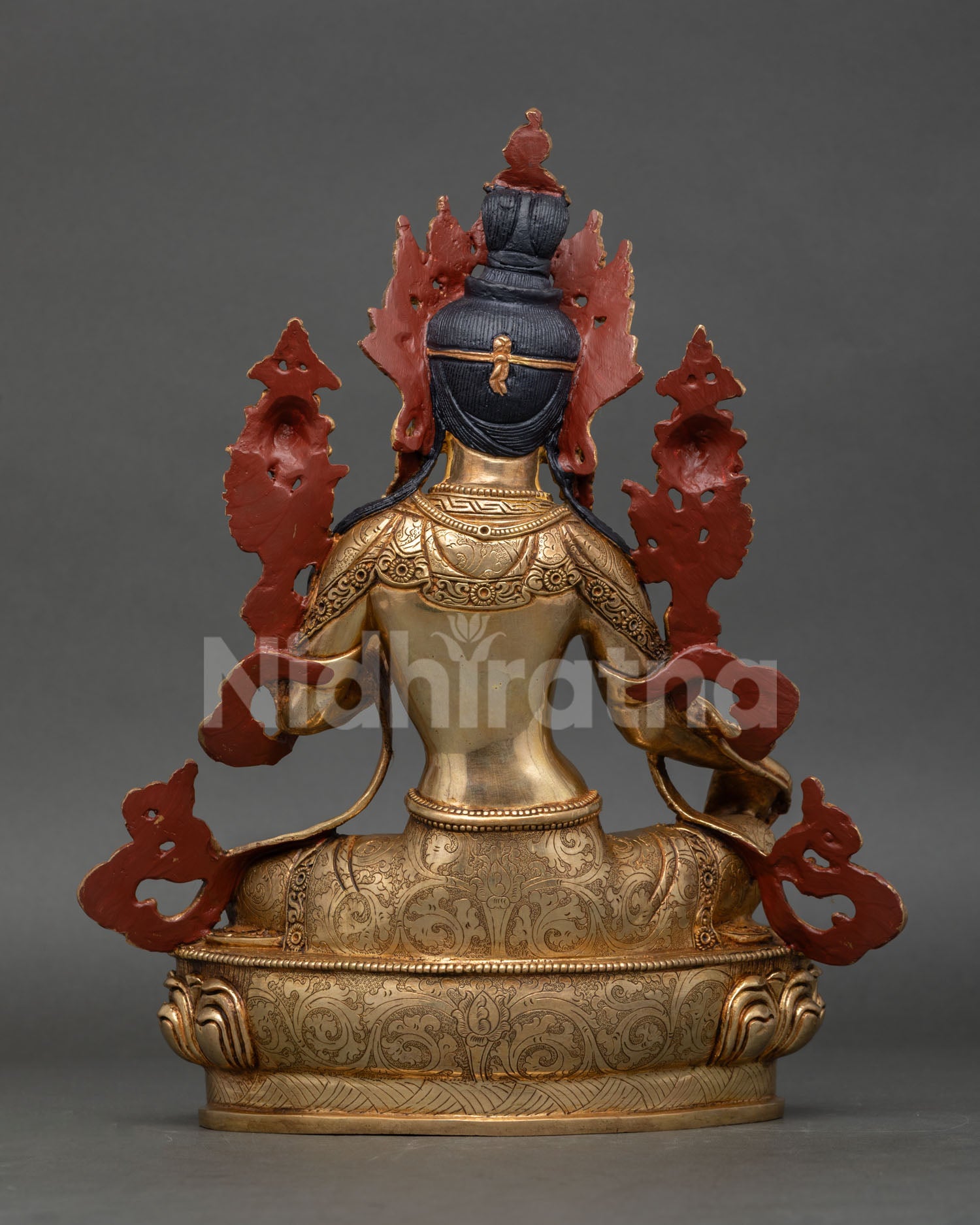 Back view of Green Tara statue, detailed copper finish, gold gilding, traditional Nepal artisan craft