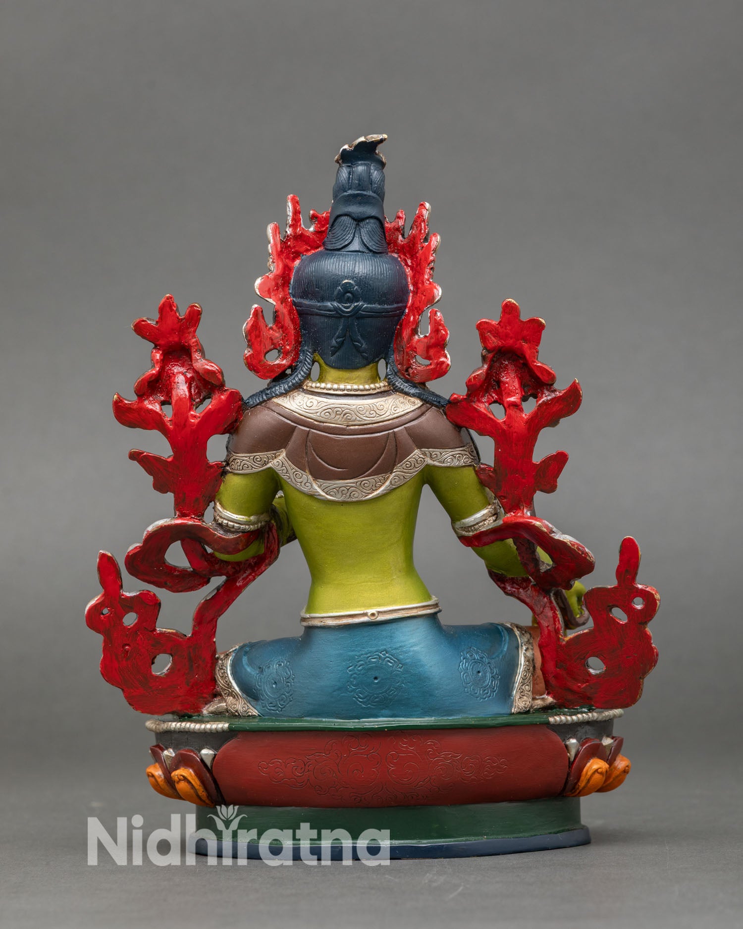 Back view of Green Tara statue, double lotus seat with silver and copper finish