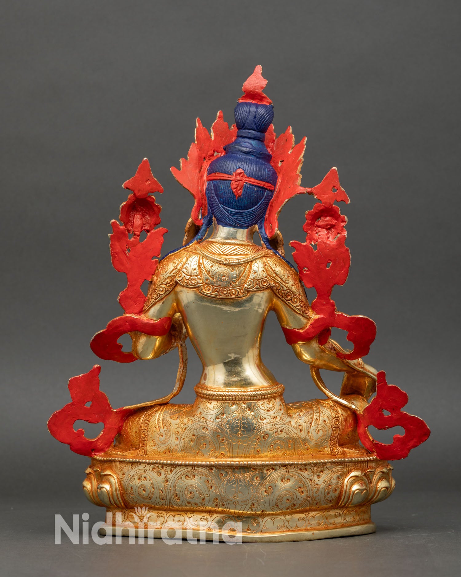 Back view Green Tara statue intricate carvings Nepalese artisan spiritual decor