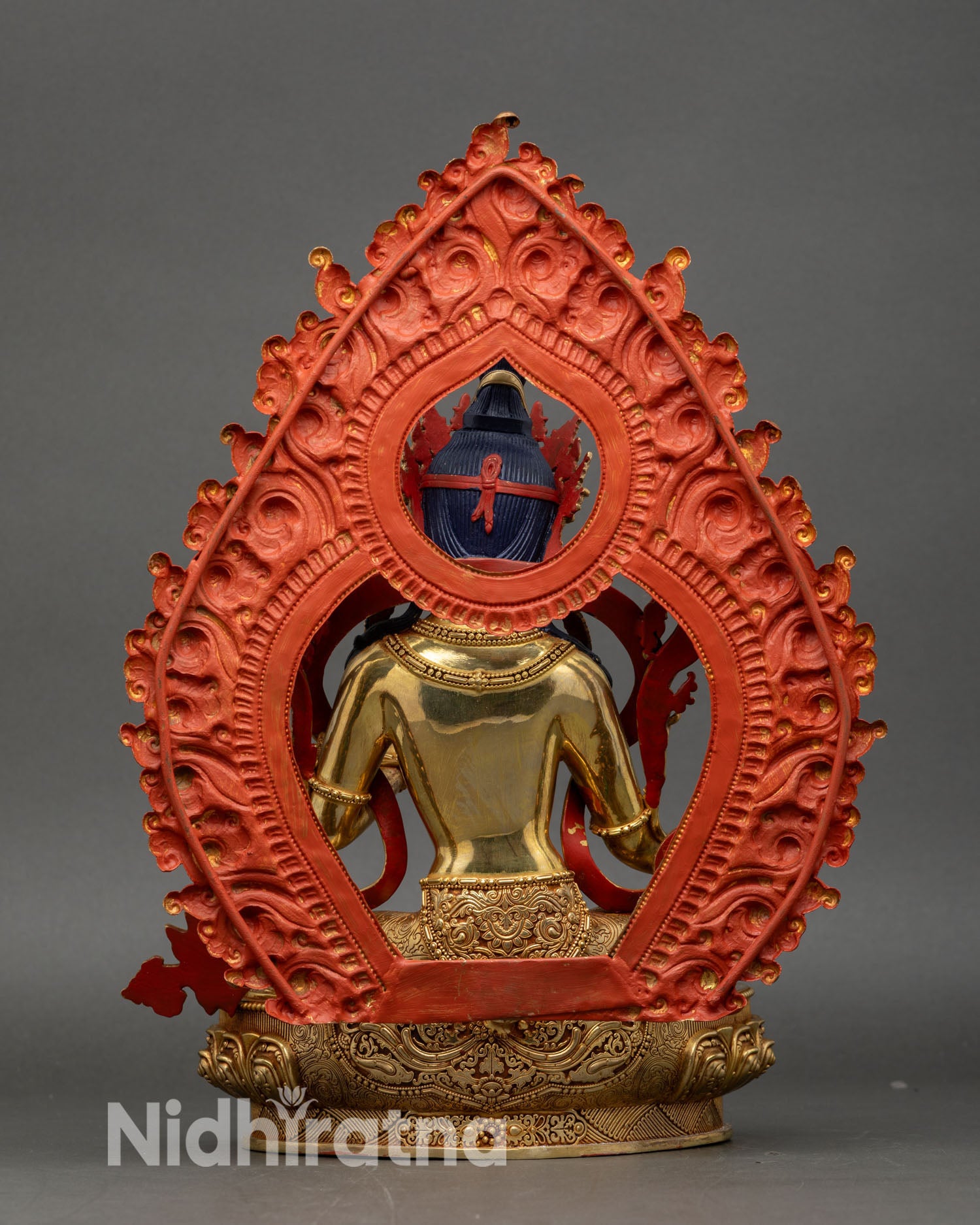 Back view of Green Tara Statue on lotus throne, hand-carved copper and gold
