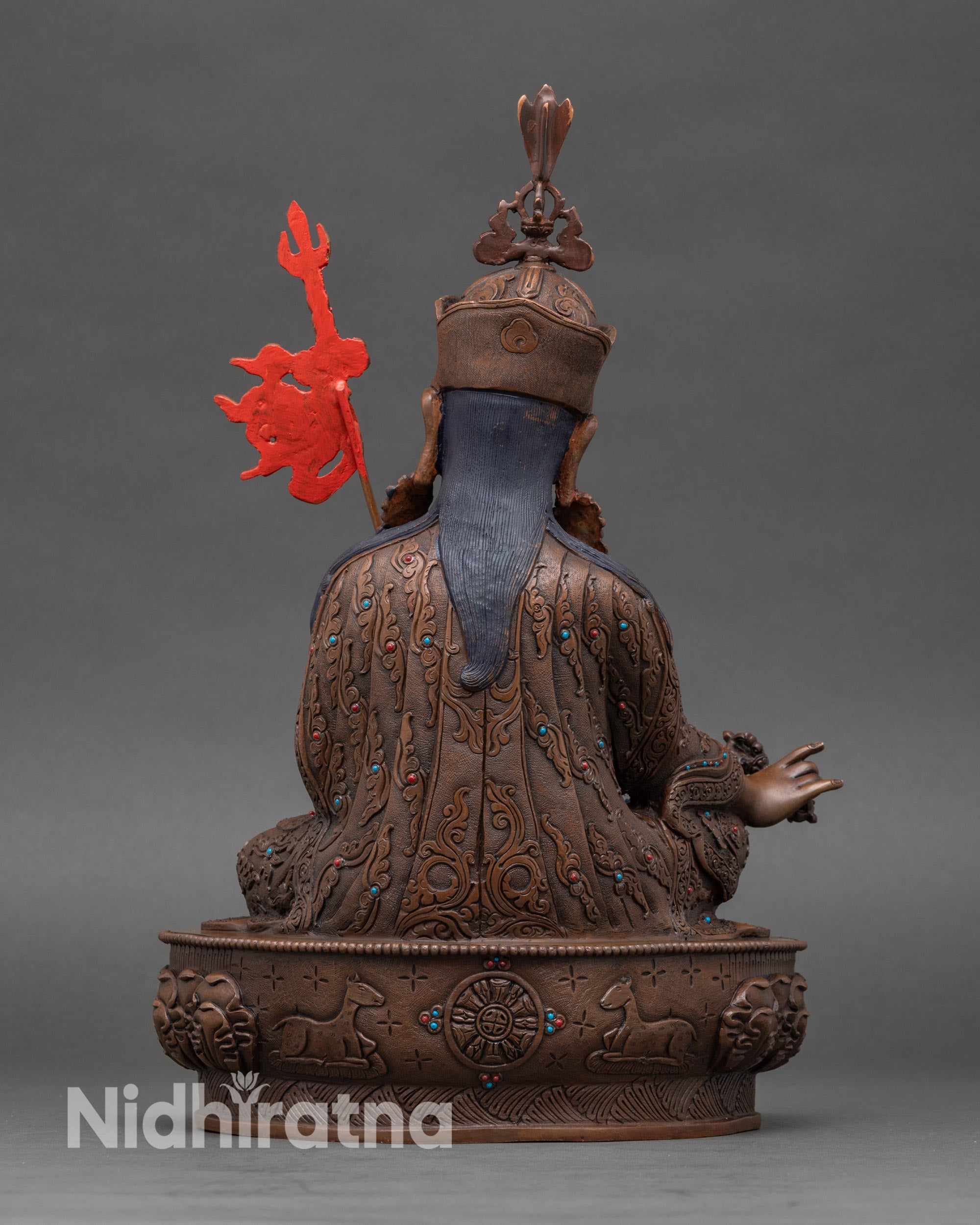 Back view Guru Rinpoche handcrafted Himalayan Buddhist statue lotus pedestal protection and devotion
