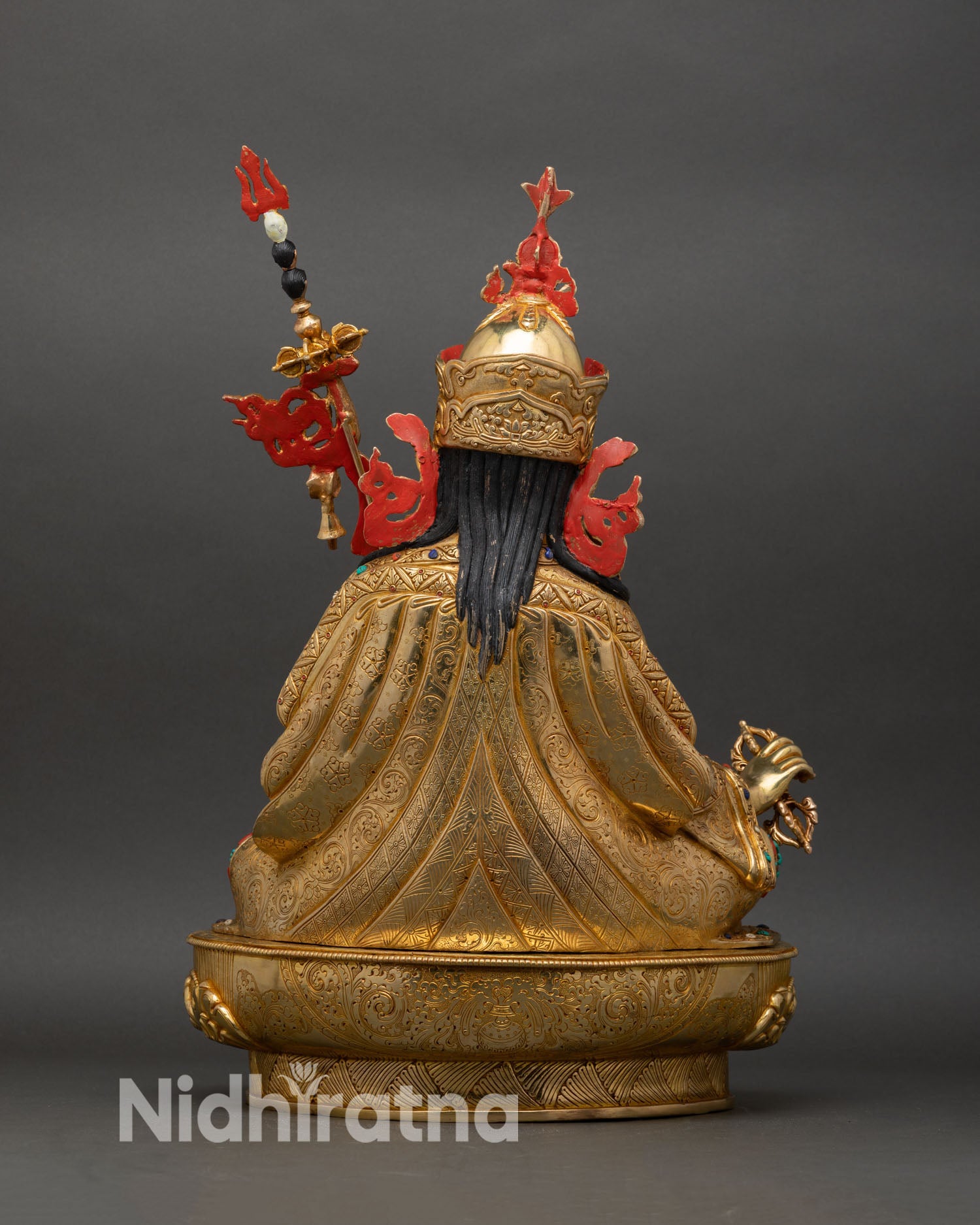 back view guru rinpoche statue detailed carving copper gold gilded nepal