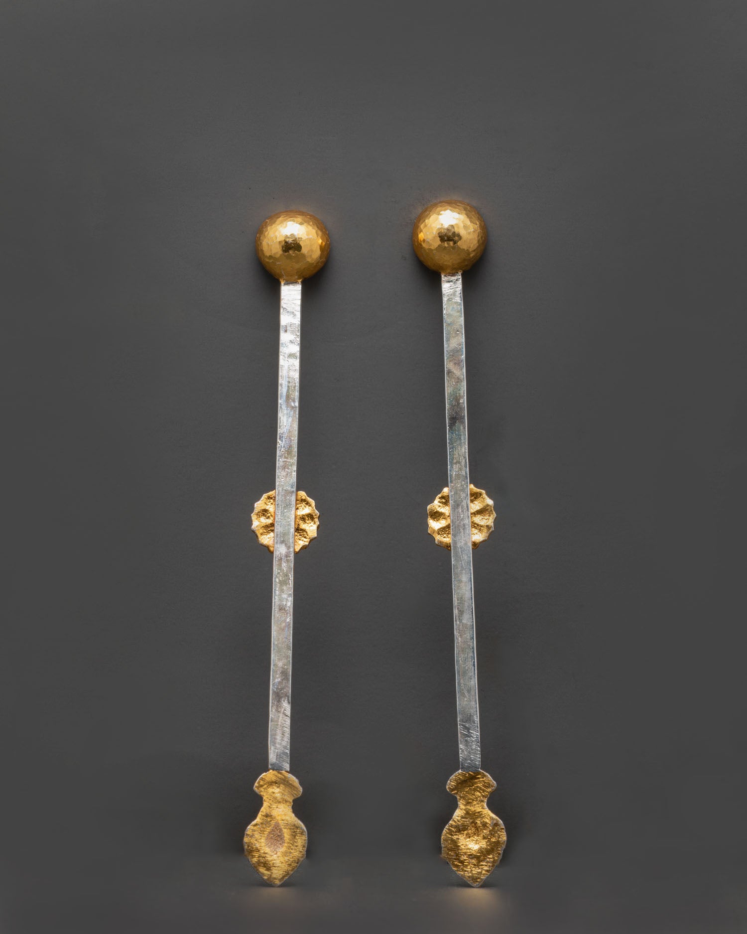 Back view handmade tibetan ritual spoons nepal newari craftsmanship engraved handle, buddhist ceremonial metalwork