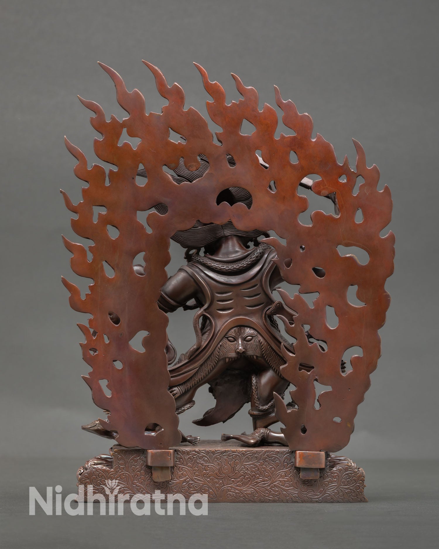 Back view Hayagriva statue oxidized copper details Nepal handmade Buddhist protector sculpture for home shrine altar decor