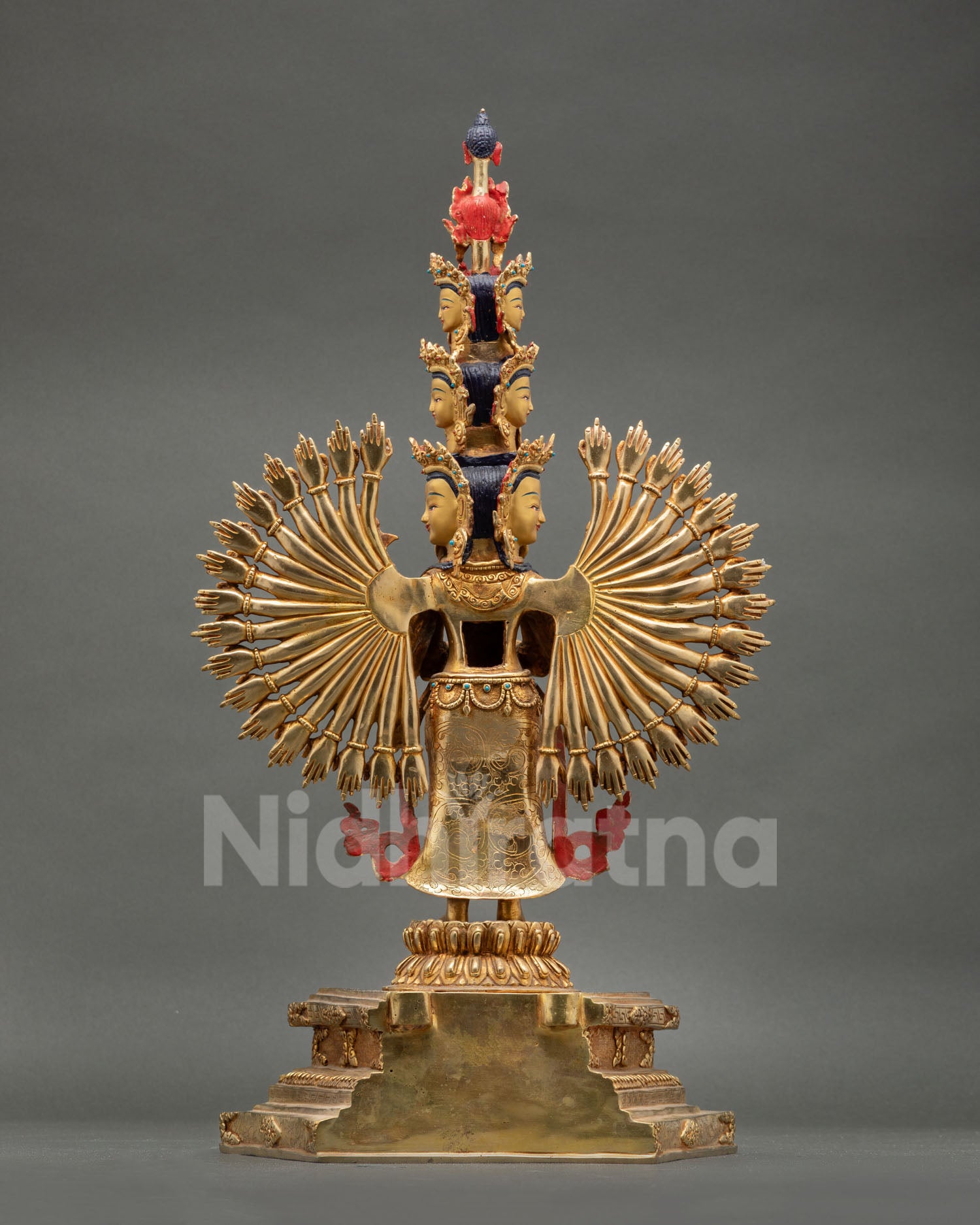 Back view Himalayan Avalokiteshvara sculpture with lotus throne ornate pedestal and devotional metal craftsmanship