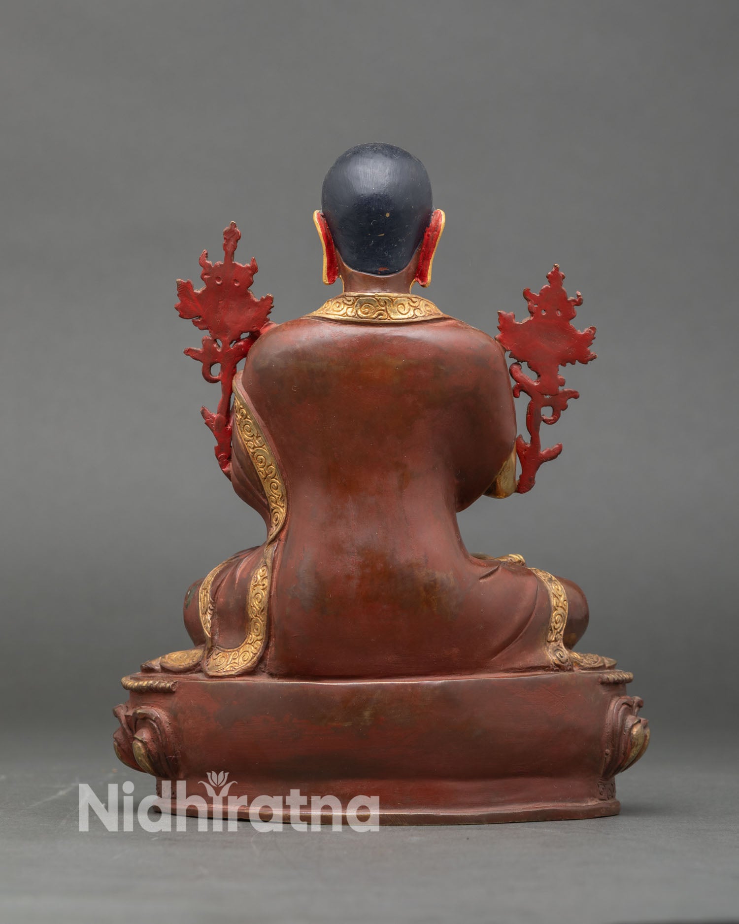 Back view Je Tsongkhapa statue handcrafted Nepal Newari art copper