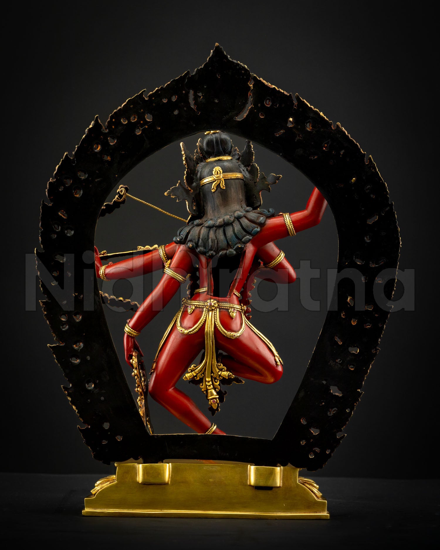 Back view of Kurukulla statue radiant flaming aura sacred magnetizing goddess form handcrafted Nepalese Newari art altar decoration spiritual practice statue