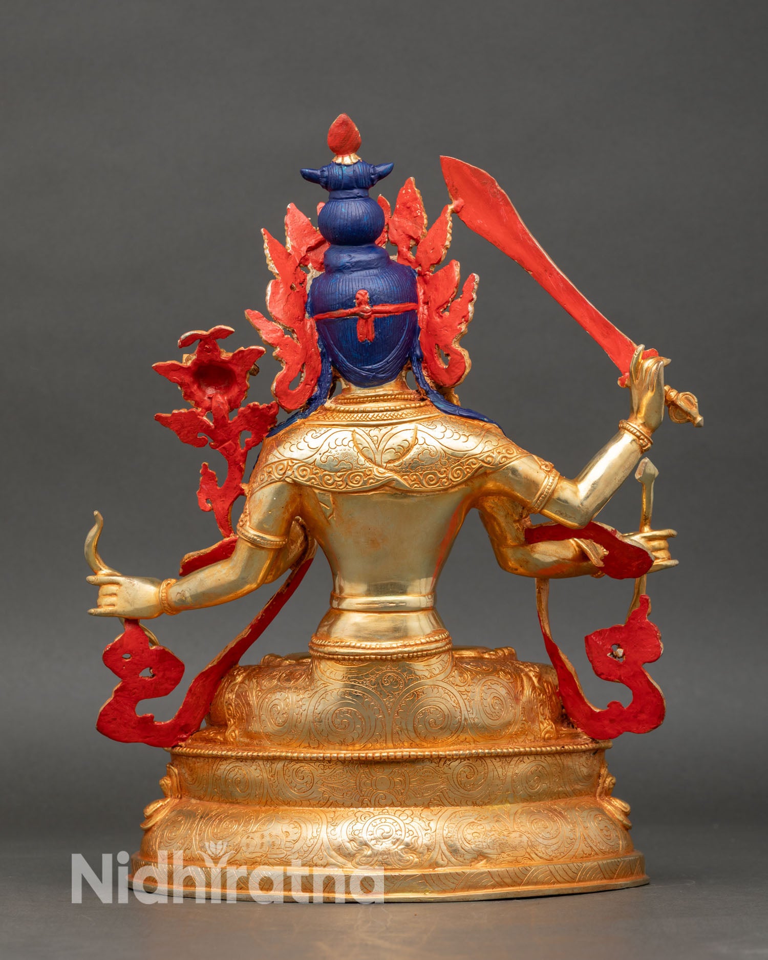 Back view of Maha Manjushri statue artisan carvings Nepalese spiritual decor