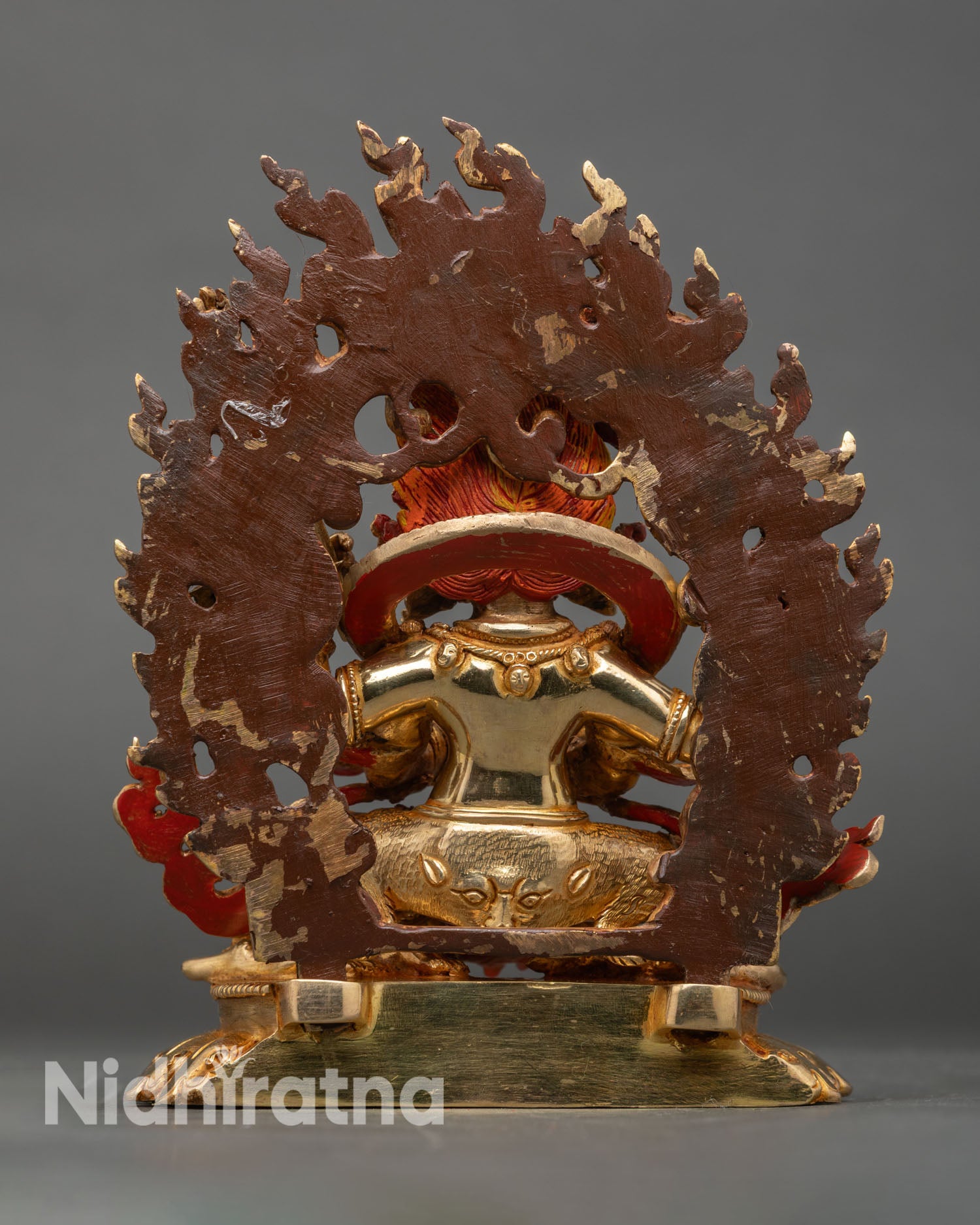 Back View Mahakala Statue Intricate Carvings Gold Gilded Copper Himalayan Art